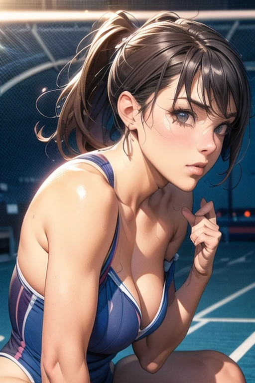 high quality,HD,16k,sharp lines,2 girl,Female freestyle wrestling athlete ,cute face, large breasts, nice legs,At the freestyle wrestling venue,focus girl,detailed beautiful face,detailed clothes,beautiful eyes,cool,dynamic angle,in a close and intense fight on a mat, showing their submission hold techniques with a lot of sweat on their body 