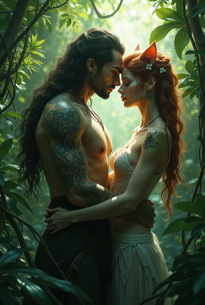 A man half trool alin and half human, leaf tattoo , he is strong and big and has curly black hair and wears earrings. Has human eyes and elf ears. Forest and magic scenery, he is hugging the sexy and modern and beautiful human and "gorda,"beautiful and young and cute with red hair and green eyes , wearing an elegant ripped dress showing her legs.They are looking forward