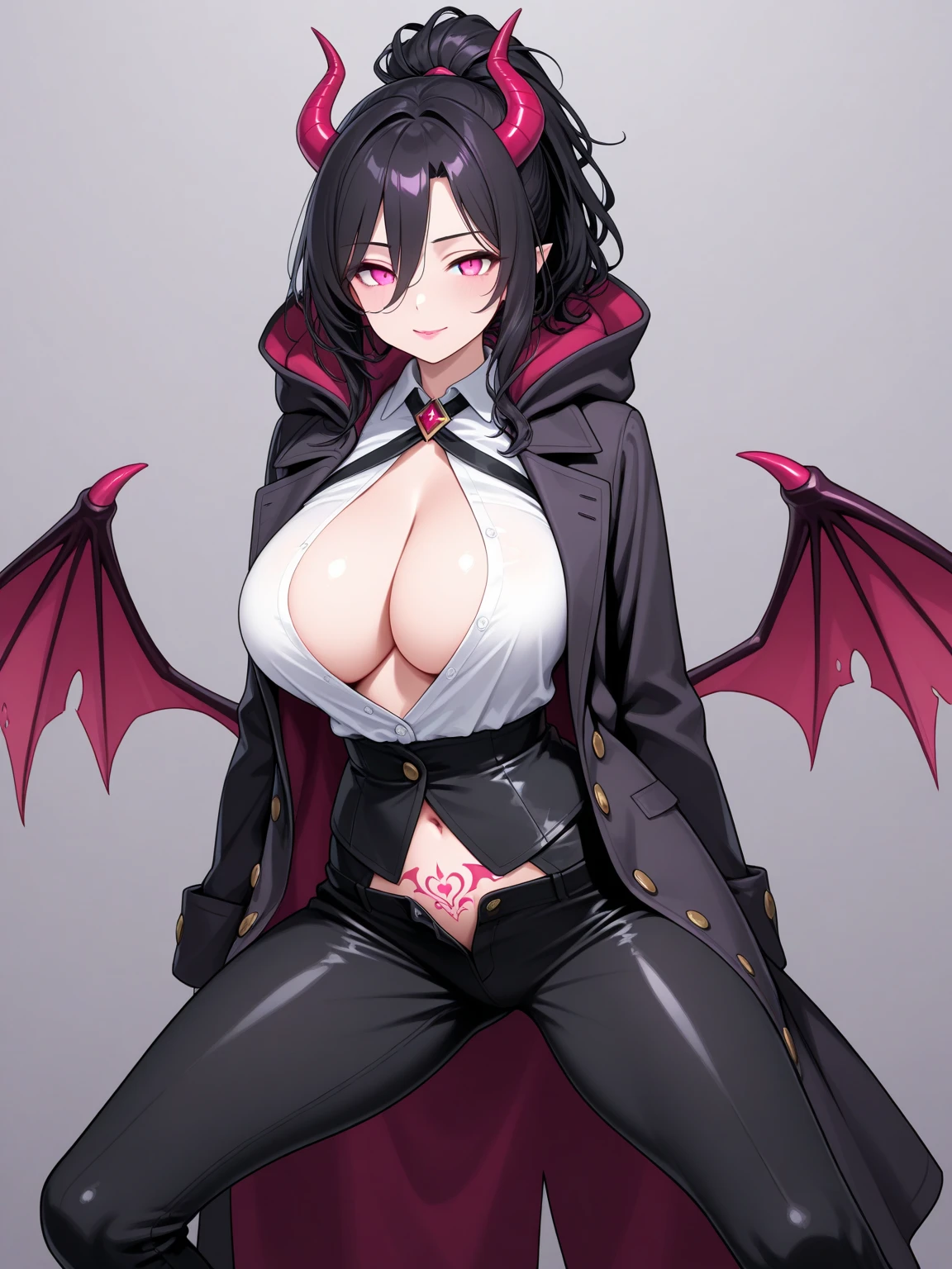 (Masterpiece, Best Quality, High Quality), cowboy shot, Nishikino maki, Red hair, purple eyes,ultra detail hair, ultra detail face, perfect eyes, Debauchery secretary, big breasts,Wearing glasses, Big tight, Wear corsets and stockings, succubus wings,超高分辨率,Detailed background,hades style,Solo, \(Theme\),Dark fantasy,Evil,Depth of field , bottomless