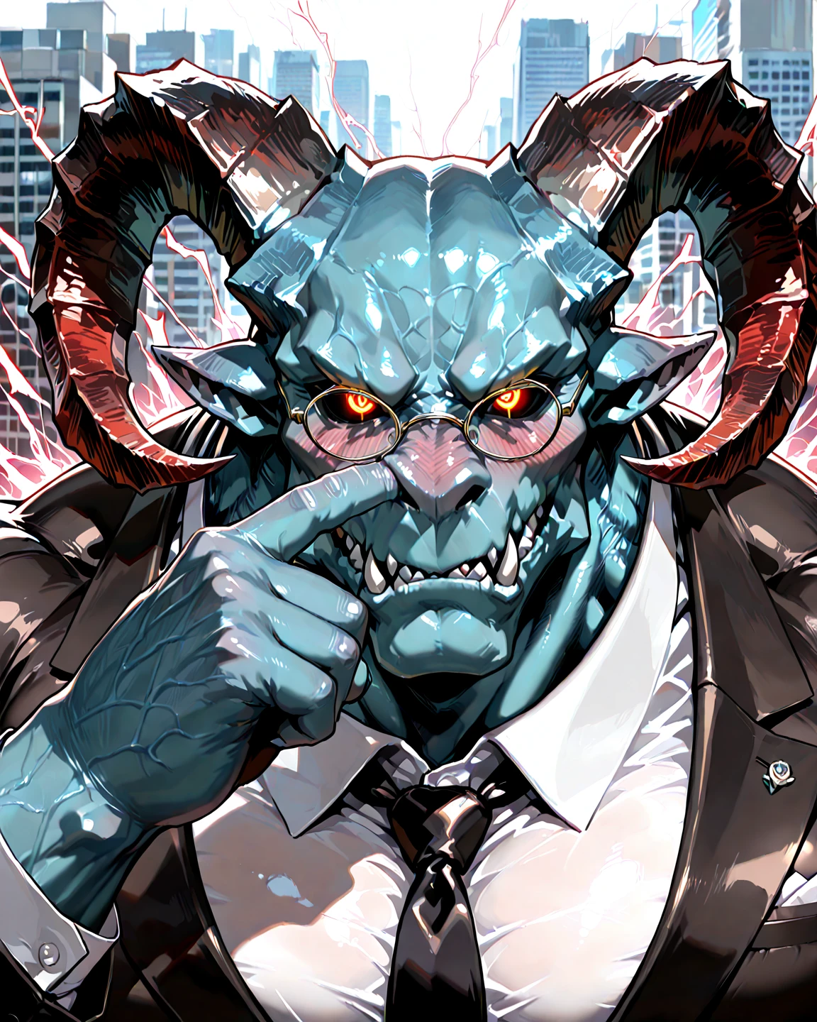 A majestic Japanese male business executive with the overwhelming aura and presence of a Demon Lord, wearing a sharp, luxurious formal suit made from shimmering, high-gloss fabric, with a white business shirt visible under the suit jacket. Round brass-frame glasses, silk tie, intimidating face with sharp eyes, ultra-muscular physique (bulging neck and chest, massive shoulders, sharp jawline). Subtle demonic features: glowing deep-red lightning-like eyes, metallic blue skin peeking under the collar, massive bull-like horns, faint fangs, surrounded by a terrifying unnatural aura. 

He is picking his nose and blushing deeply in embarrassment. Emphasis on nose picking gesture: finger visibly inside nostril, hand and nose lit dramatically, viewer's eye drawn to the gesture, finger enlarged slightly in perspective. Chest-up portrait with sharp facial focus. 

Background includes a city office scene with blurry buildings and several average Japanese businessmen in muted suits, looking surprised or confused, less detailed and blurred to emphasize main character.
