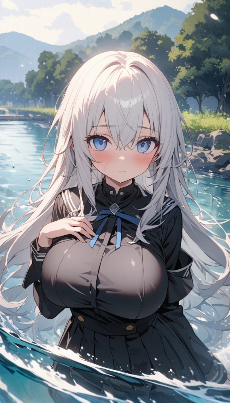 (((masterpiece))), ShizukaMikazuki, One Girl, alone, View your audience, Long Hair, Gray Hair, Long sleeve, Cleavage, Large Breasts, Close your mouth, clavicle, Jacket, Open clothes, open Jacket, blue Jacket,open white shirt,Black shorts, Play sports often, bicycle,blue eyes,Road with a lake view