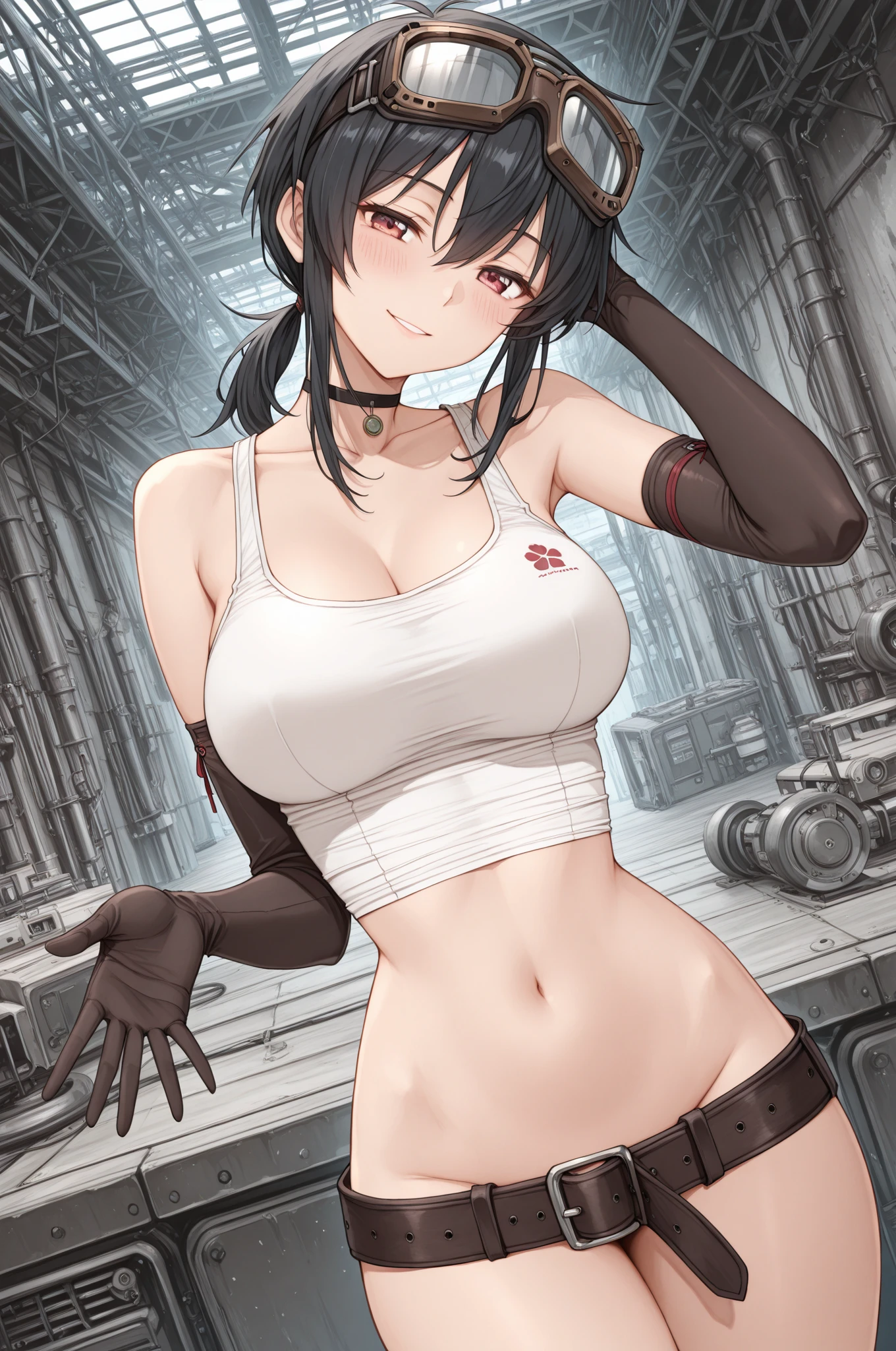 zzzGrace, black hair, ahoge, short ponytail, choker,large breast, mature woman,athletic body,navel,side-tie micro bikini, tools belt,(pubic hair),navel Piercing ,thigh belt,Gloves ,
goggles on head, Sleeve belt,
Hotel room scenery, standing, close up, from the side , looking at viewer, body heat,Body steam ,hand on hip ,blemishes, oil stains on the face, stains all over the body,oil,Dust, dust stains, dust stains on the body,Dirty body,dirty face,body heat,Body steam,dirty body,