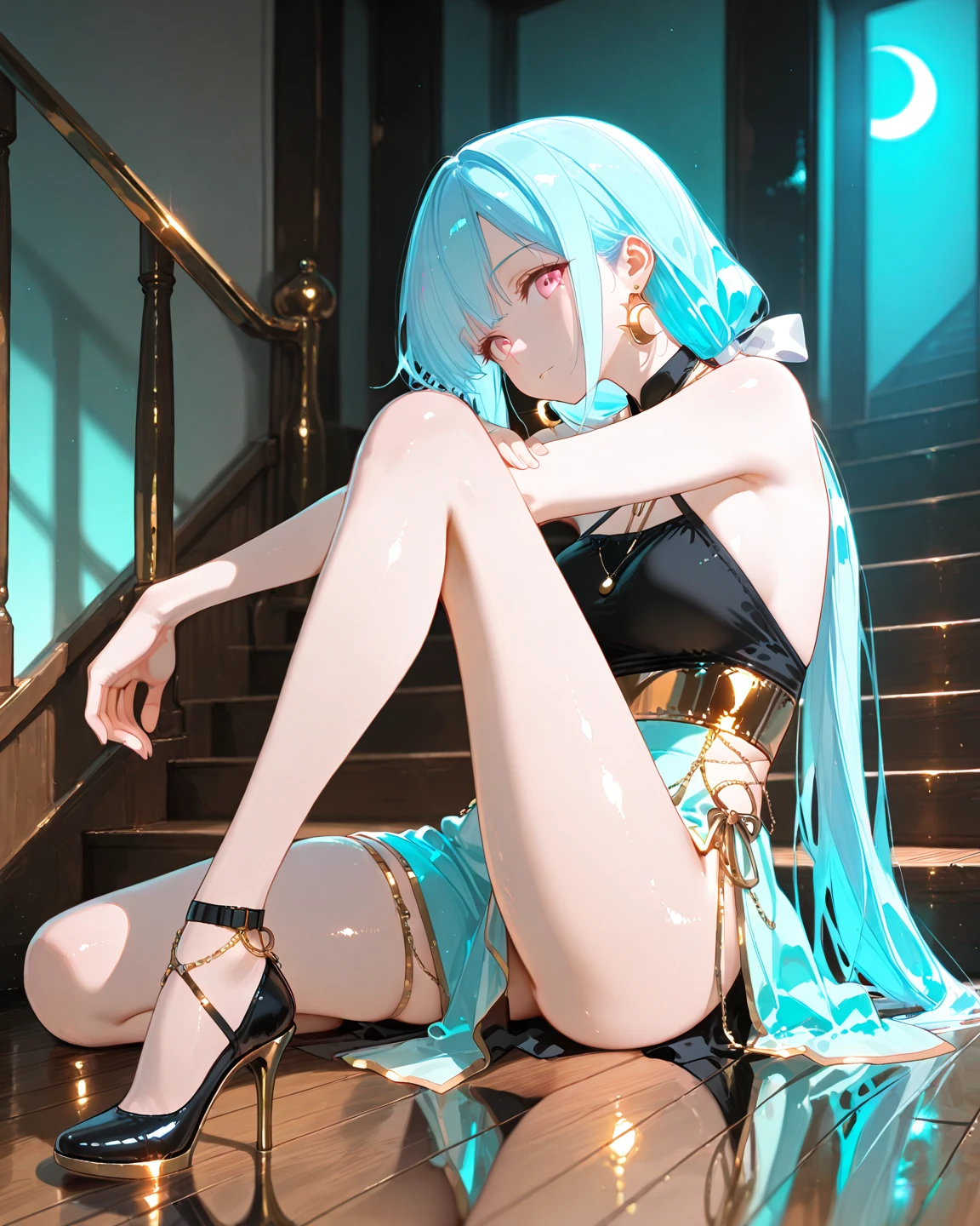 the girl with black hair，Thin stature，Tie-double twisted braids，Long hair，Small face，emaciated，Bare legged，Blue high heels，The face is gloomy，emaciated，Poor milk，The chest is extremely small，Tall，adolable，pastel blue dress，The legs are extremely slender，Four-square grid comics，Best quality at best，tmasterpiece