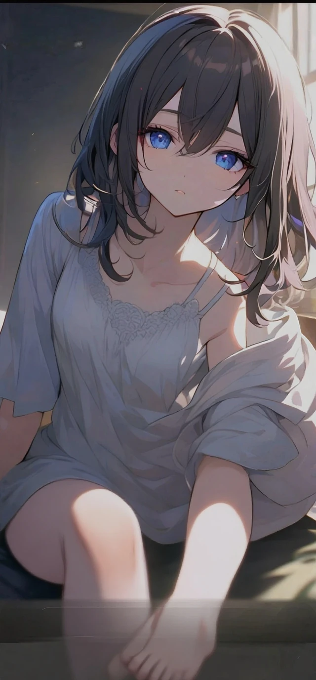 high quality, 最high quality、 Stylish design, (((The cutest girl))), ((Thin legs))、(((最high quality))), High resolution, ((detailed)), ((masterpiece)), ((Super detailed)), 16-year-old girl、Landmine Fashion、Black Hair、Inner Color、((Lying on your back in bed)),((Sexual))