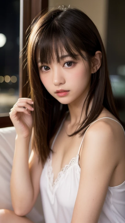 (Best-quality, Masterpiece, Ultra-High-Resolution, (Photorealistic:1.4), Raw Photo, depth of field, professional lighting, perfect anatomy, extremely details), 1girl, 15-years-old, the most famous Japanese idol, in luxury hotel suite, (((wearing The most exclusive lingerie in the world))), (extremely cute face like the most popular Japanese idol, (extremely cute and extremely big eyes), extremely beautiful realistic-skins), extremely cute hair, extremely cute long-eyelashes, extremely cute lips, extremely cute body, looking innocent smile