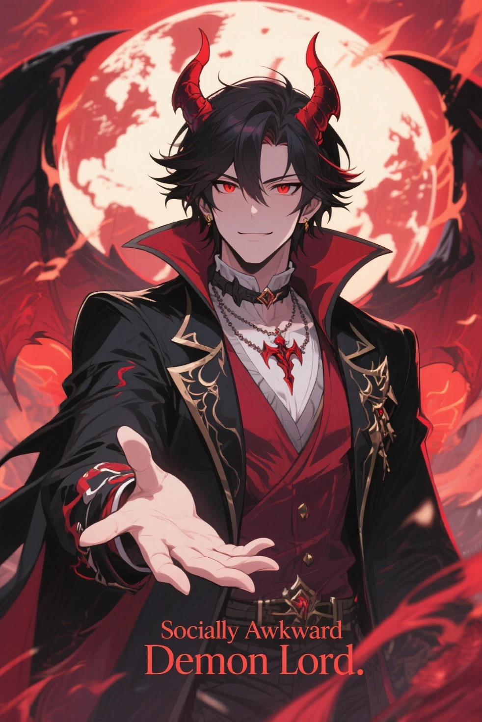 solo,handsome, a watercolor painting,
1.male, Gojo Satoru,
bangs, straight hair, ponytail, bobbed hair, black hair,
Red eyes, Odd Eye, Devil, Vampire, Devil's Horn, Devil's Feather, Tusk,
a black coat, a prince,
Throne, blood,
