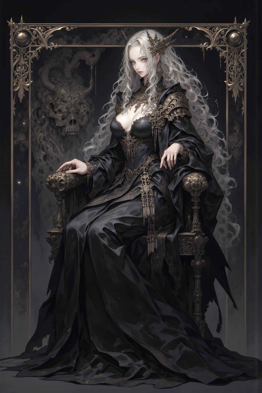 (masterpiece,best quality,realistic:1.37), (intricate and delicate, high detailed skin and face), beautiful queen in black dress suite, wraping in luxurious dark hooded robes, dark roses and skull adorn her cloth, (tiara,roses,skull ornamental,black,dark),blue eyes, dark background, cinematic soft lighting