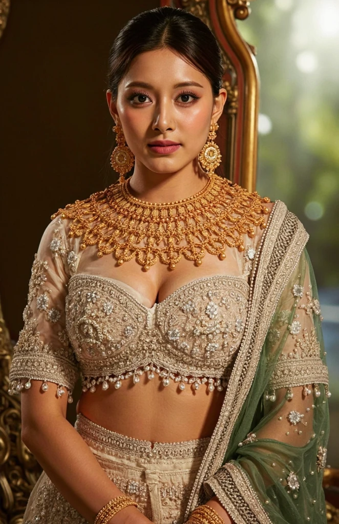 create a hyper realistic one third portrait Indian most attractive and beautiful smiling woman in cream and blue golden line business suit extra big chest, 36D, [[Short equal length wavy haircut]] trending on artstation, portrait, digital art, pretty, soft smile, dark pink lipstick,