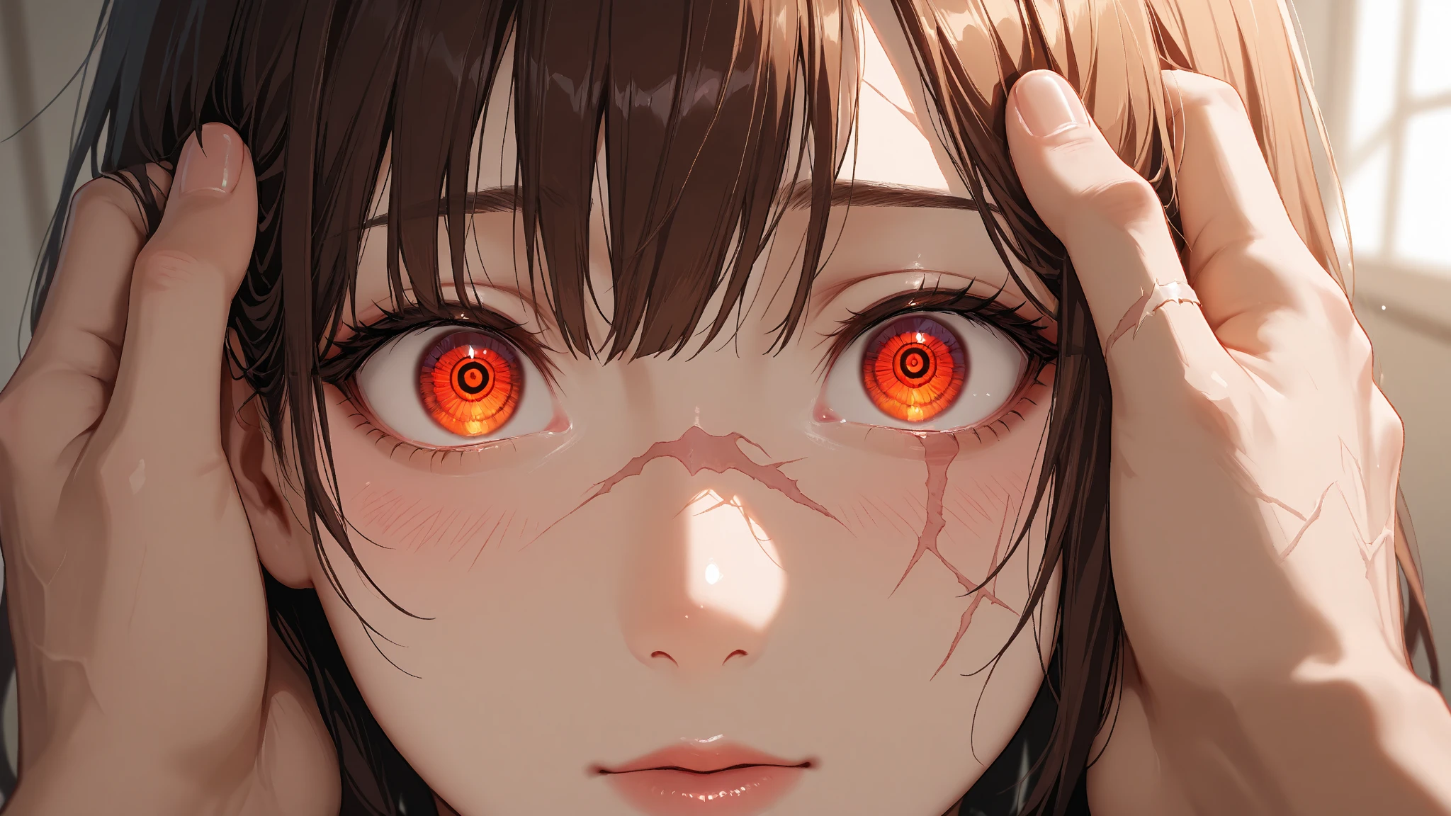 Top quality, 8k, eye, realistic, first plane of one eye, (sharingan), award-winning focus, single, night, neon, red eye, red, eye with blades, compound eye, eye with intricate figure, eye bleeds, digital SLR, viewfinder, sophisticated, professional lighting, film grain, chromatic aberration, (Eye details : 1.0), (Bokeh: 1.1)、(SFW: 1.5)))、