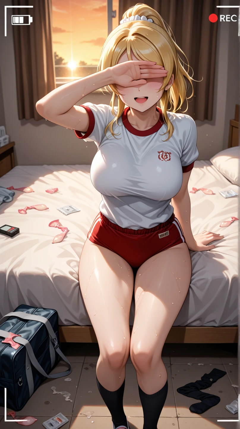 Power, pizza delivery, red cap, red shirt, no pants, no pantie, holding pizza box, night, huge breasts, no pants