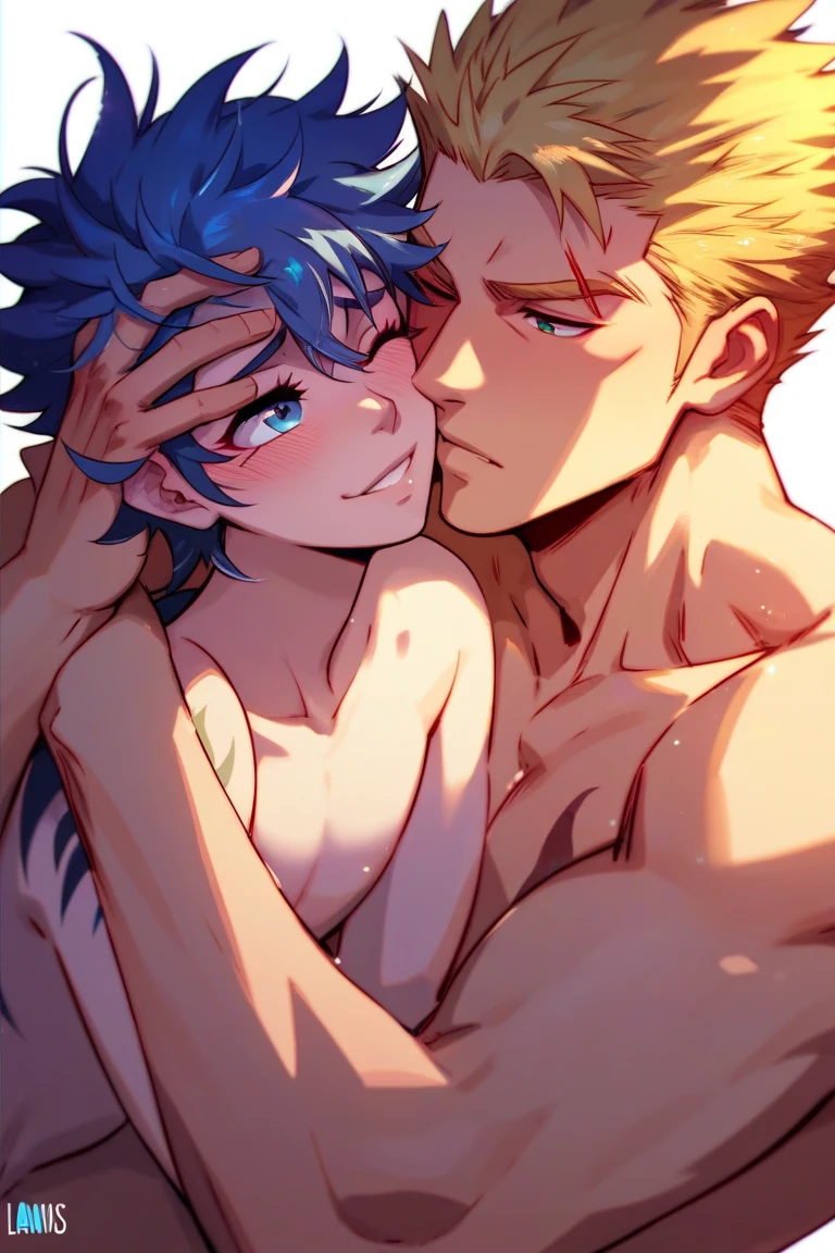 a girl, Saiyan, white spiky hair, green eyes, defined muscles, thin waist, wide hips, dark skin, medium breasts, no clothes, naked, pussy, bobs, futanari, big dick, dick between her legs, big balls, balls between your legs,
