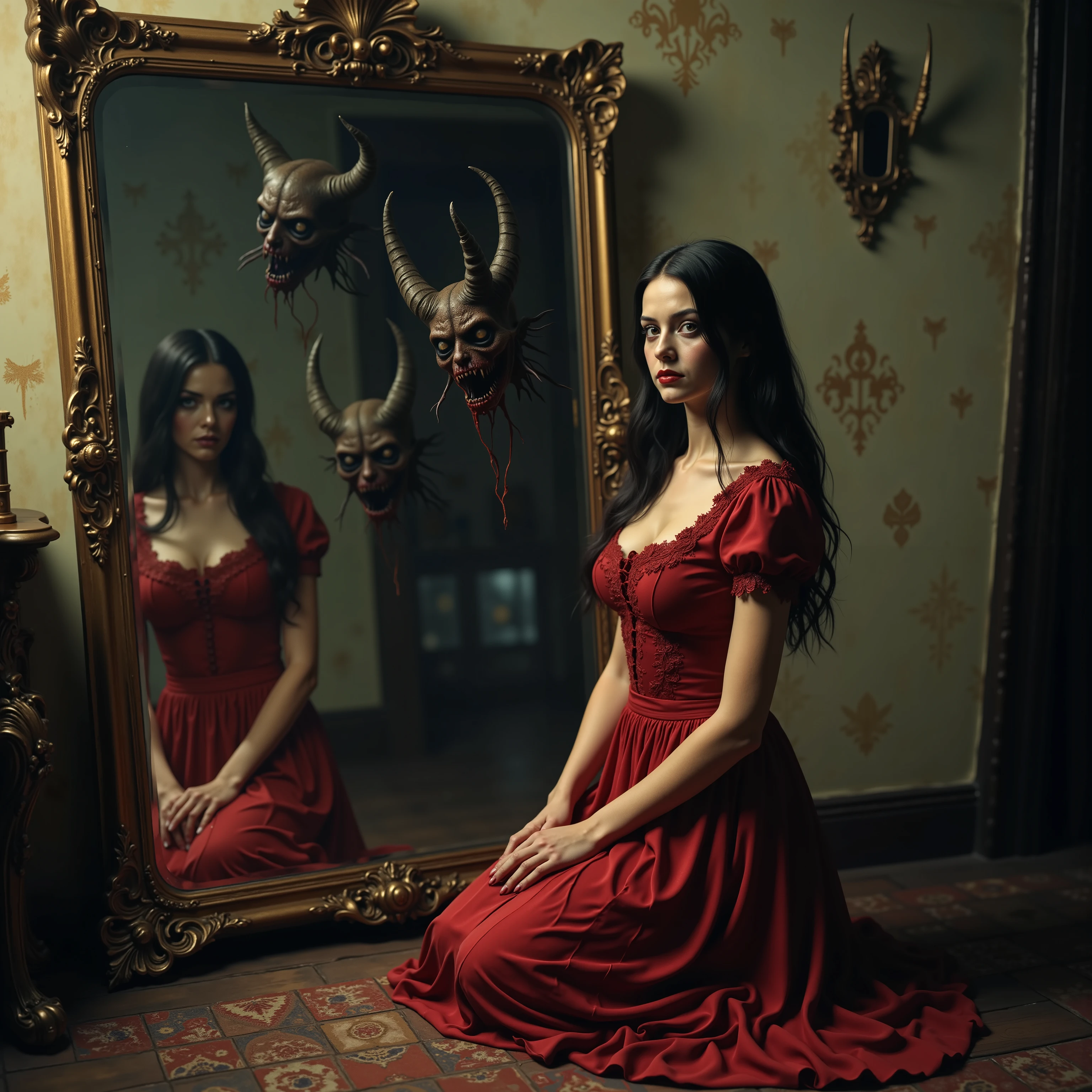 Ultra-realistic, a beautiful young dark dark-haired woman kneels in front of a large antique mirror, the mirror reflecting her and also demons in a different dimension. They come through the glass of the mirror and can be seen flying around the rooms of her Victorian-style home. They look hellish and wicked, and they behave that way too. Realistic portrait, detailed facial features, demons move through the mirror, kneeling pose, large antique mirror, dark and unsettling reflection in mirror, chiaroscuro lighting, cinematic atmosphere, mysterious, gothic, 8k, high resolution, photorealistic, intricate details, dramatic colors, moody tones, macabre, gothic beauty, nightmarish imagery, gifts that change form, otherworldly, startling presence, icon style, intricate details, sharp focus, physically-based rendering, iconic characters, professional movie quality imagery, professional masterpiece