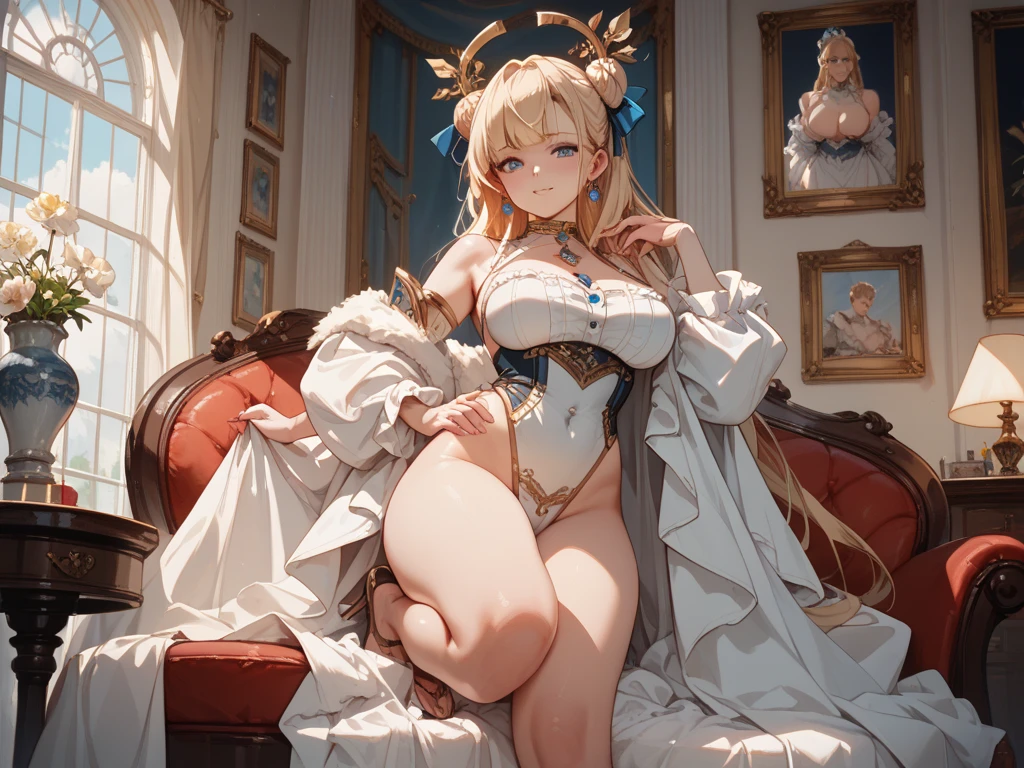 very young and very beautiful Russian woman of Slavic race, angelic appearance, naked, bright highlights, angelic beautiful face, easy smile, (plump lips: 1.5), in the frame the whole figure, (slender figure: 1.5), beautiful breasts, (breasts: 1. 5), (detailed skin texture: 1. 5), long blond hair, detailed hair, detailed breasts, detailed crotch, detailed hands, looking at the viewer, makeup, perfect body proportions, (masterpiece:1.2) (photorealistic: 2) (bokeh) (best quality), (complex details) (Clutter-Home) (8k) (HDR) (cinematic lighting) (sharp focus), studio lighting, cinematic, Canon50