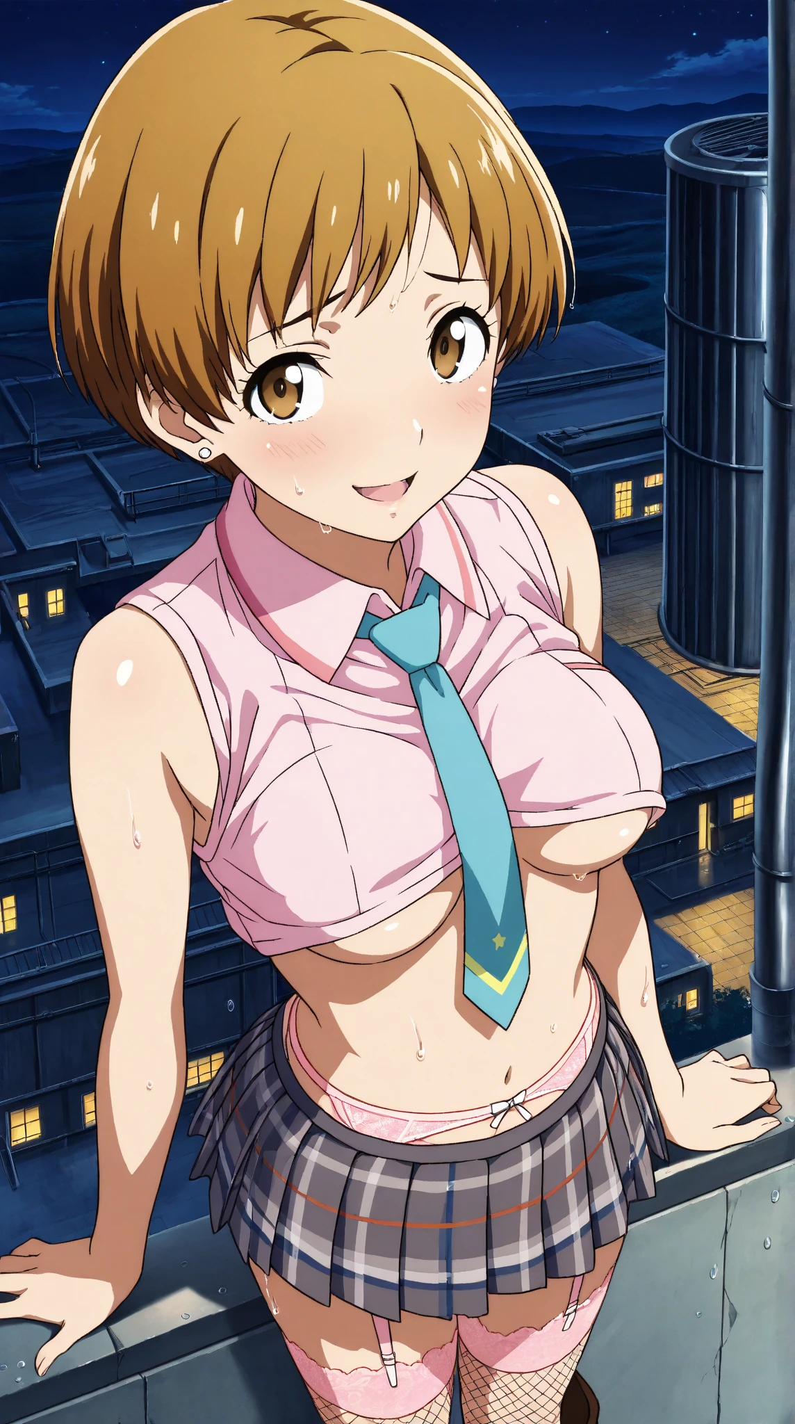 haru1,1girl, (masterpiece, best quality:1.2), ???????, tits, Yellow pants Masterpiece, best quality, bangs, brown hair, hair ornament, brown eyes, hairclip, Smiling, (City:1.3),