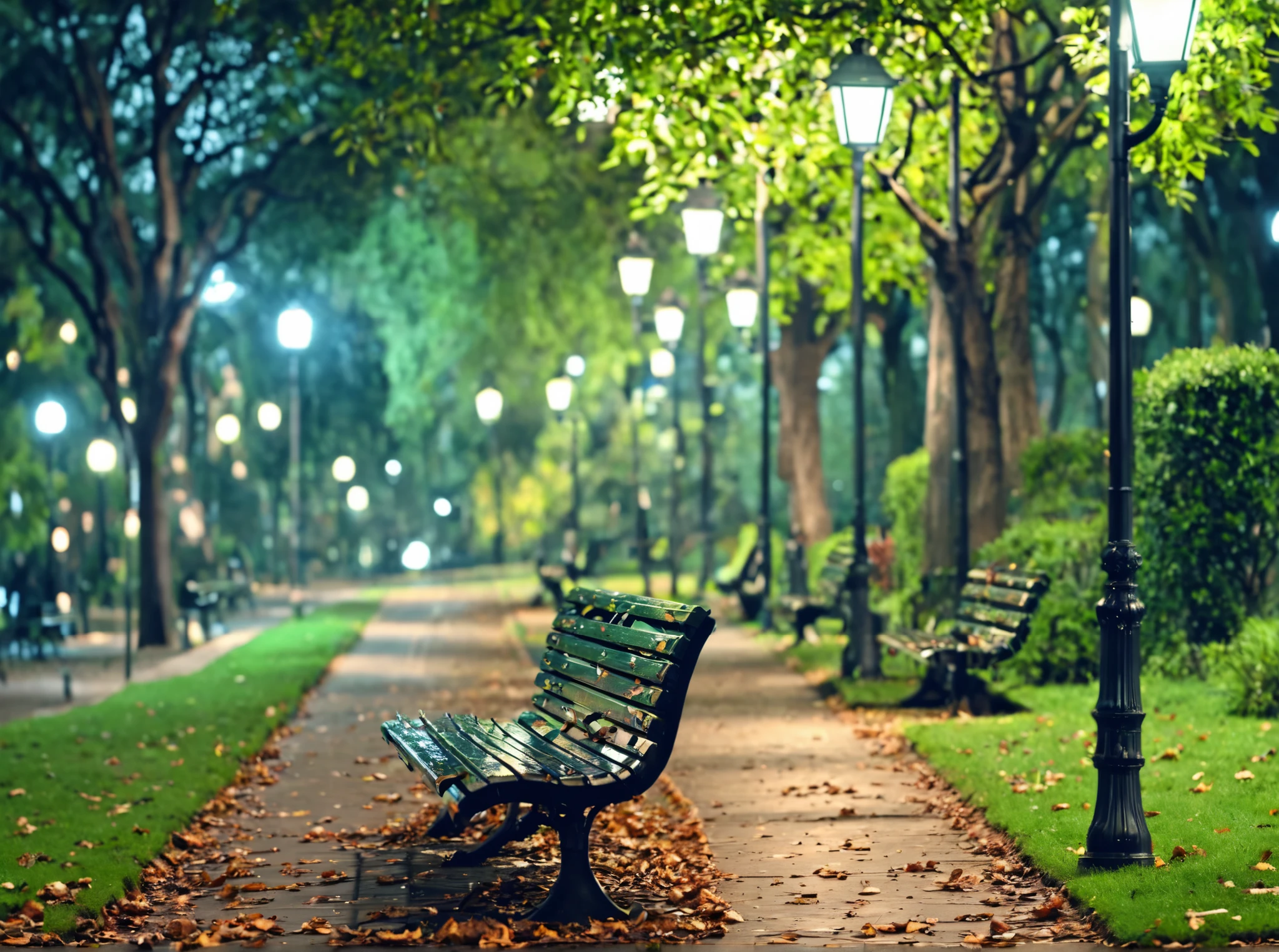 masterpiece,absurd resolution,8k,
EnhanceImage,artifical lights,no humans, scenery, bench, tree, outdoors, lamppost, grass, blurry, nature, park, water, park bench, leaf, depth of field