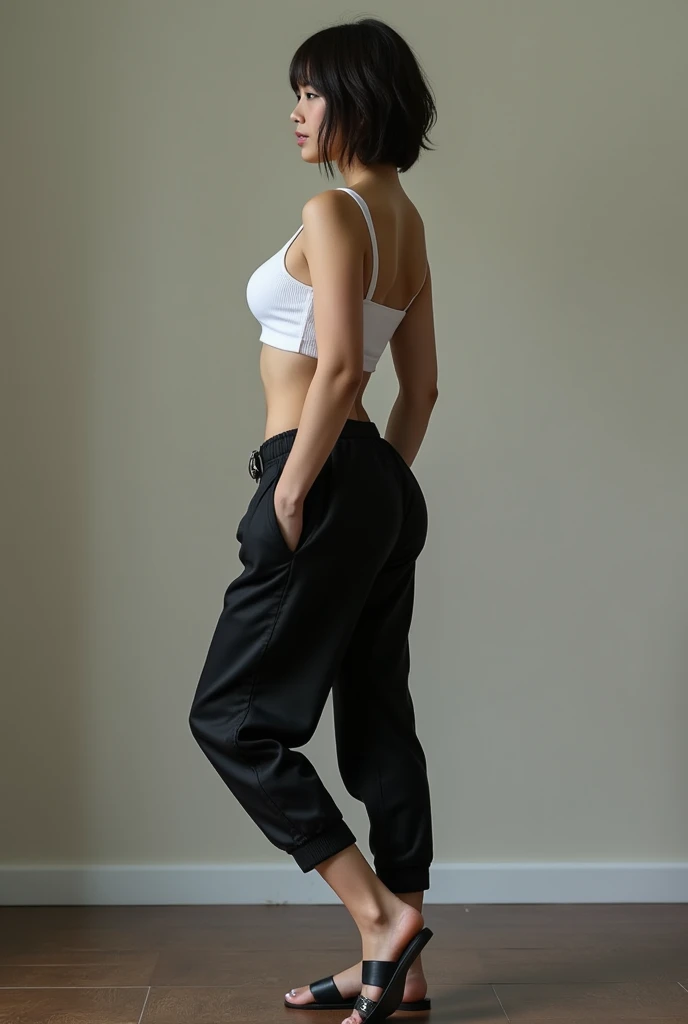 Black headscarf at home, black baggy sweatpants, white long sleeve t shirt, barefoot, sexy and skinny woman. Man lying on his stomach in front of woman. Woman puts her foot on the front of man's pants.