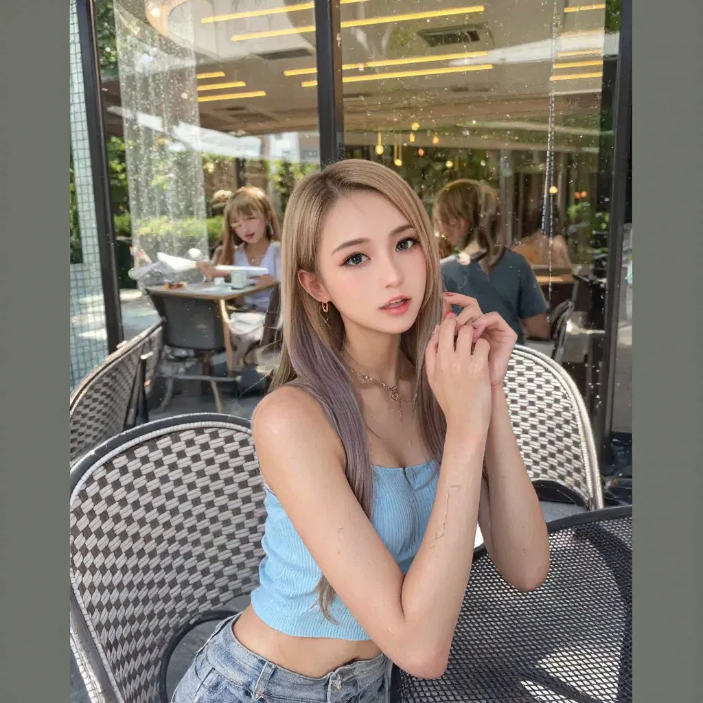 super high quality, Fashion Model, Slenderのネックレス, Slender, The staff is working at the counter in the back., (8k、RAW Photos、Highest quality、masterpiece:1.2), Stylish café, Fashion magazine photoshoot, (Realistic、Photorealistic:1.37), Beautiful Face , Mesh Hair, Urban Cafe, Golden Ratio, Raw photo, Small breasts, Bright cafe interior, Blurred Background, Summer clothes, Beauty, Cafe Terrace, Open Cafe, Photographed inside the cafe, 20-year-old, Hair blowing in the wind, Neat clothes, ponytail, Cool older sister, Stylish clothes, 
