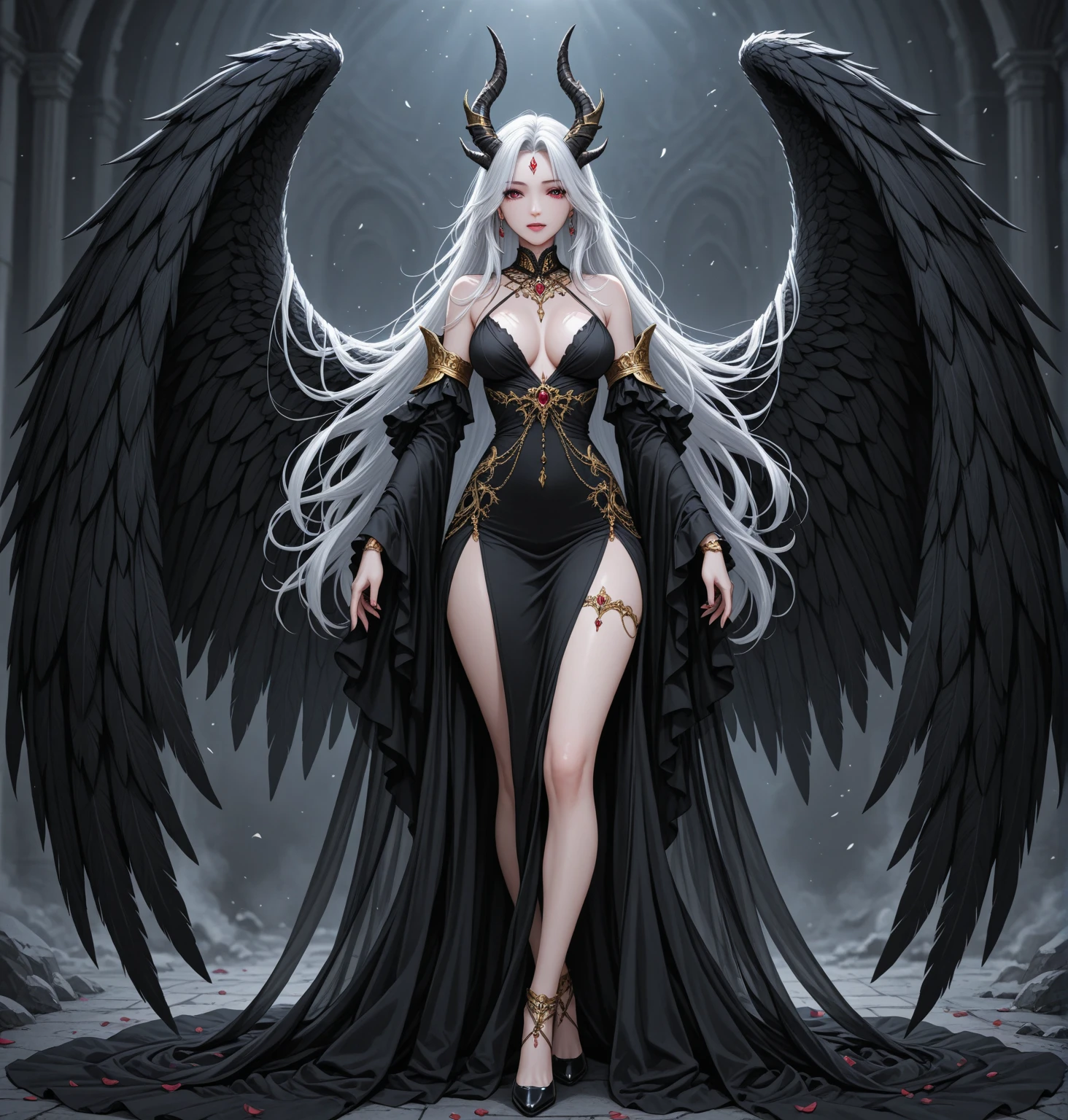 fantasy art, RPG art [[a picture of 2 women]], , a female angel (Masterpiece, intricate details), wearing dress, pale skin, best details beautiful face (Masterpiece, intricate details), blond hair, long hair wavy hair (Masterpiece,  intricate details), blue eyes, high heeled boots, wearing a dresasterpiece, intricate details), large angelic wings, white angelic wings spread [AND] a female demon (Masterpiece, 1.3, intricate details), demon, red skin (Masterpiece,  intricate details), demonic wings, black demonic wings spread, demonic hornasterpiece), red skin (Masterpiece), black hair, red eyes, best details beautiful face (Masterpiece, intricate details), wearing a dressier piece: 1.3, intricate details), high heels, in the border between heaven and hell, moon, stars, clouds, god rays, soft natural light silhouette, dynamic angle, photorealism, panoramic view (Masterpiece 1.3, intense details) , Wide-Angle, Ultra Wide