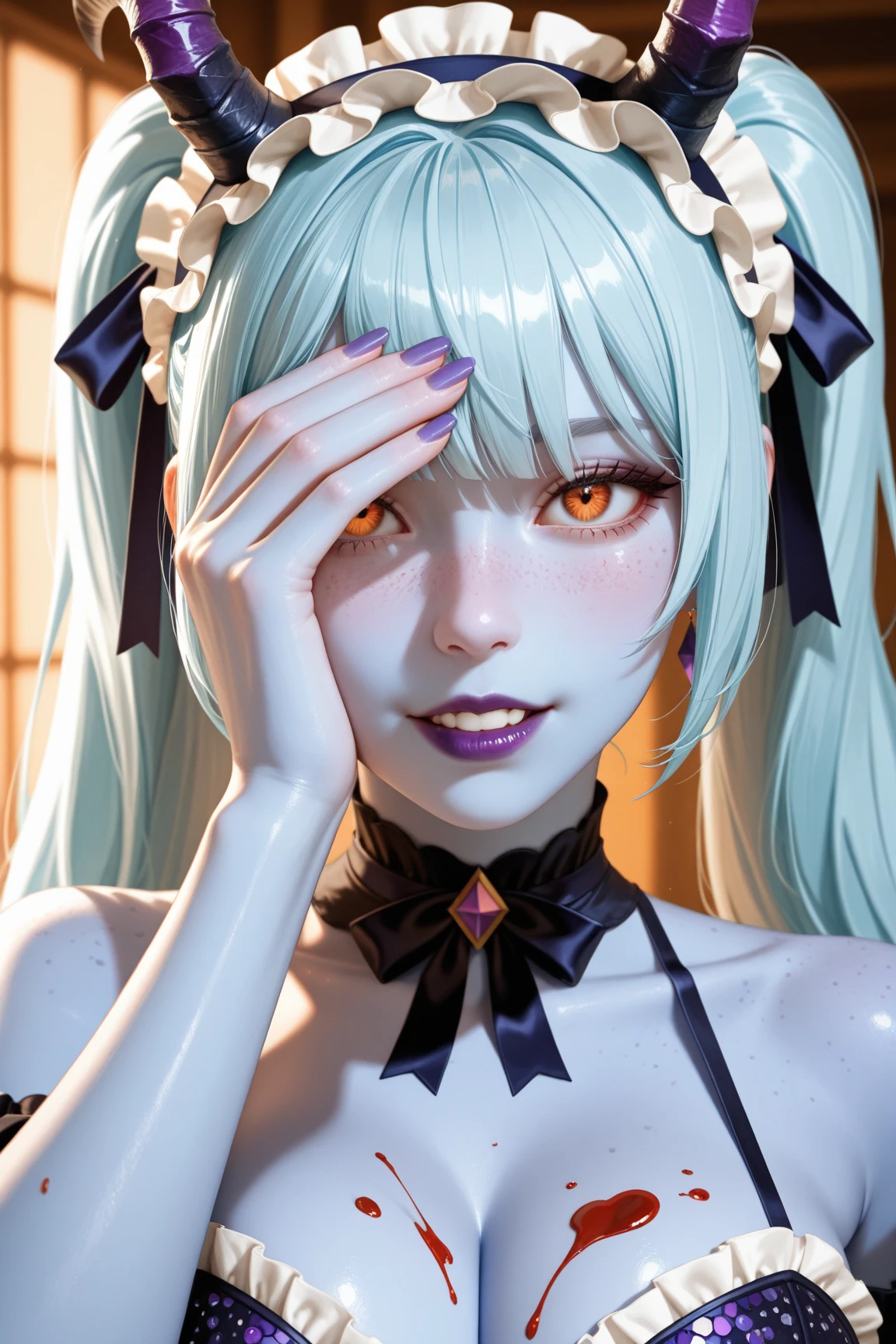 ((best quality)), ((highly detailed)), masterpiece, absurdres, (detailed eyes, deep eyes), <lora:more_details:.5>, (1girl), <lora:HeadpatPOVV2:1.1>, IncrsHeadpatPOV, headpat, pov, pov hand, ((upper body)), <lora:hairdetailer:.5>, ((ghost-girl)), ((undead)), ((powder_blue colored skin:1.3)), ((powder_blue colored hair:1.3)), ((vibrant purple eyes)), ((glowing eyes)), (eye bags), (monstergirl), wide hips, ((crazy grin)), smoky skull, flowing ((white gown)), ((mausoleum)), fog, (outside, at a desert, sand, midday)