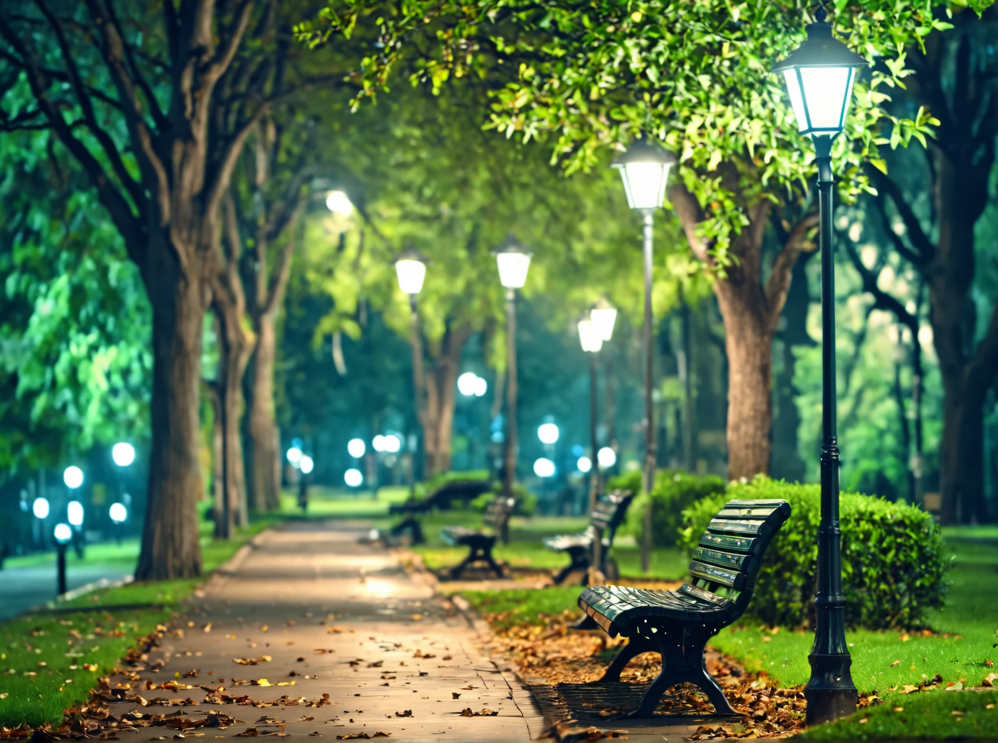 masterpiece,absurd resolution,8k,
EnhanceImage,artifical lights,no humans, scenery, bench, tree, outdoors, lamppost, grass, blurry, nature, park, water, park bench, leaf, depth of field