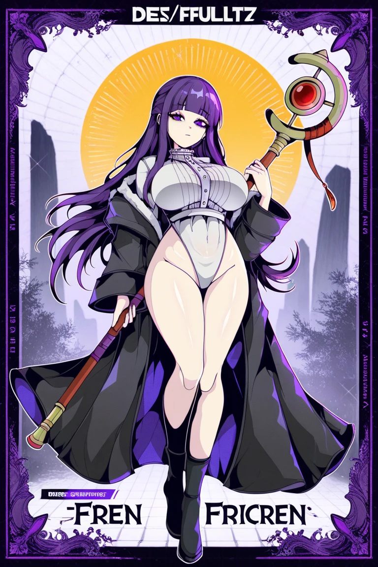 mature lady, sexy, naked, medium breasts, nipple, purple long wavy hair, head facing to the down, view from below, cowboy shot, showing genital, wearing big witch hat, holding black stick