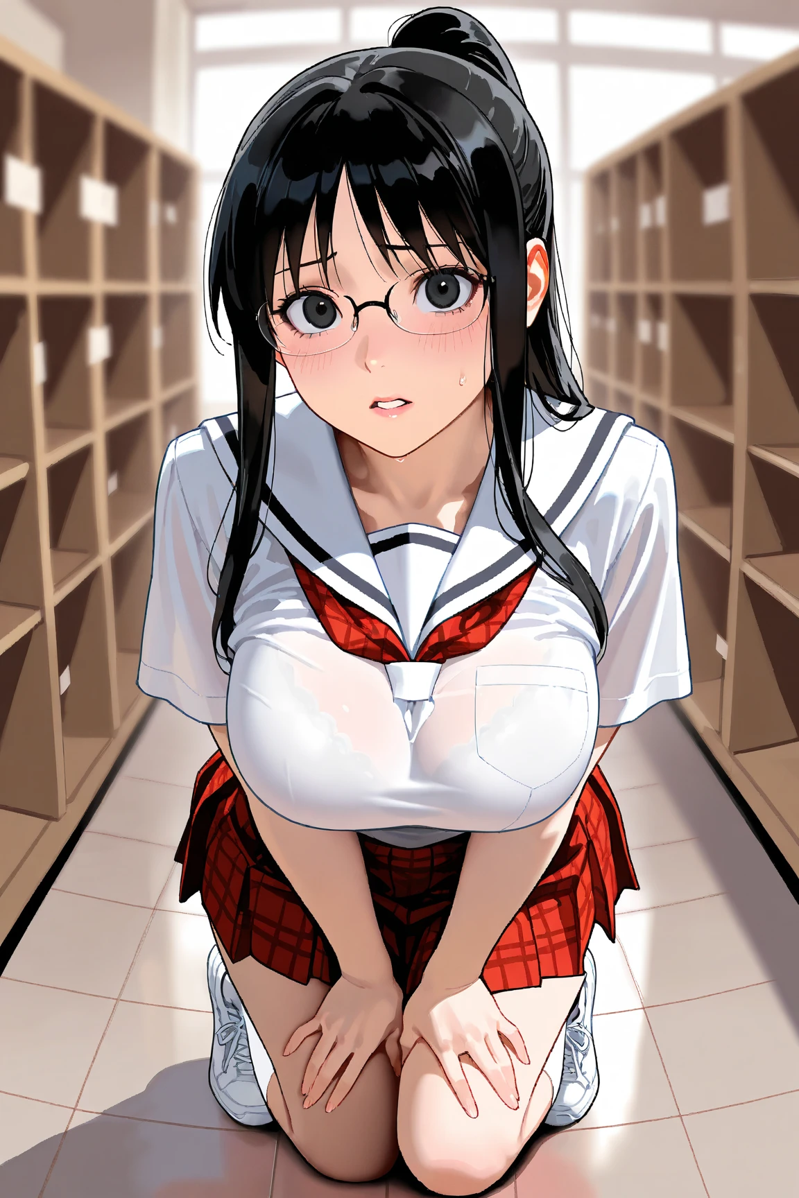 score_9, score_8_up, score_7_up, score_6_up, score_5_up, score_4_up, (source_anime), Delicate beautiful girl, spread legs, tactile hair, black hair, glasses, Jail, big breasts, sailor suit, Pleated skirt, black pantyhose, brainwashed, hollow eyes, sweaty, cum in pussy(((NSFW)))((question mark))((lower body))