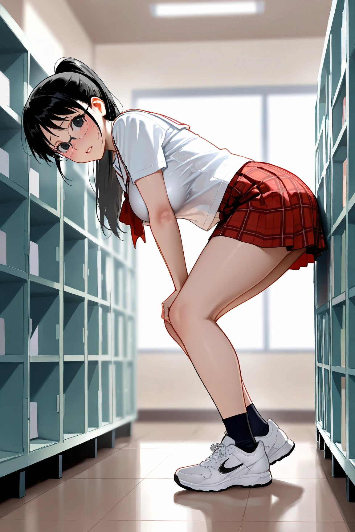 (((((Dildo on the floor:1.5, standing, spread legs:1.5, Point your knees outwards:1.5 ) behind head, spread legs, Push your hips forward,pussy juice , Voluptuous body, Slut、No pants, (Dildo on the floor, standing, spread,arms behind head, Point your knees outwards:1.5, Sweat,)))), Realistic composition, Doujinshi scene,, Big Thighs, Pleated skirt, White Shirt, Angry face, blush, from below, no panty:1.5 
