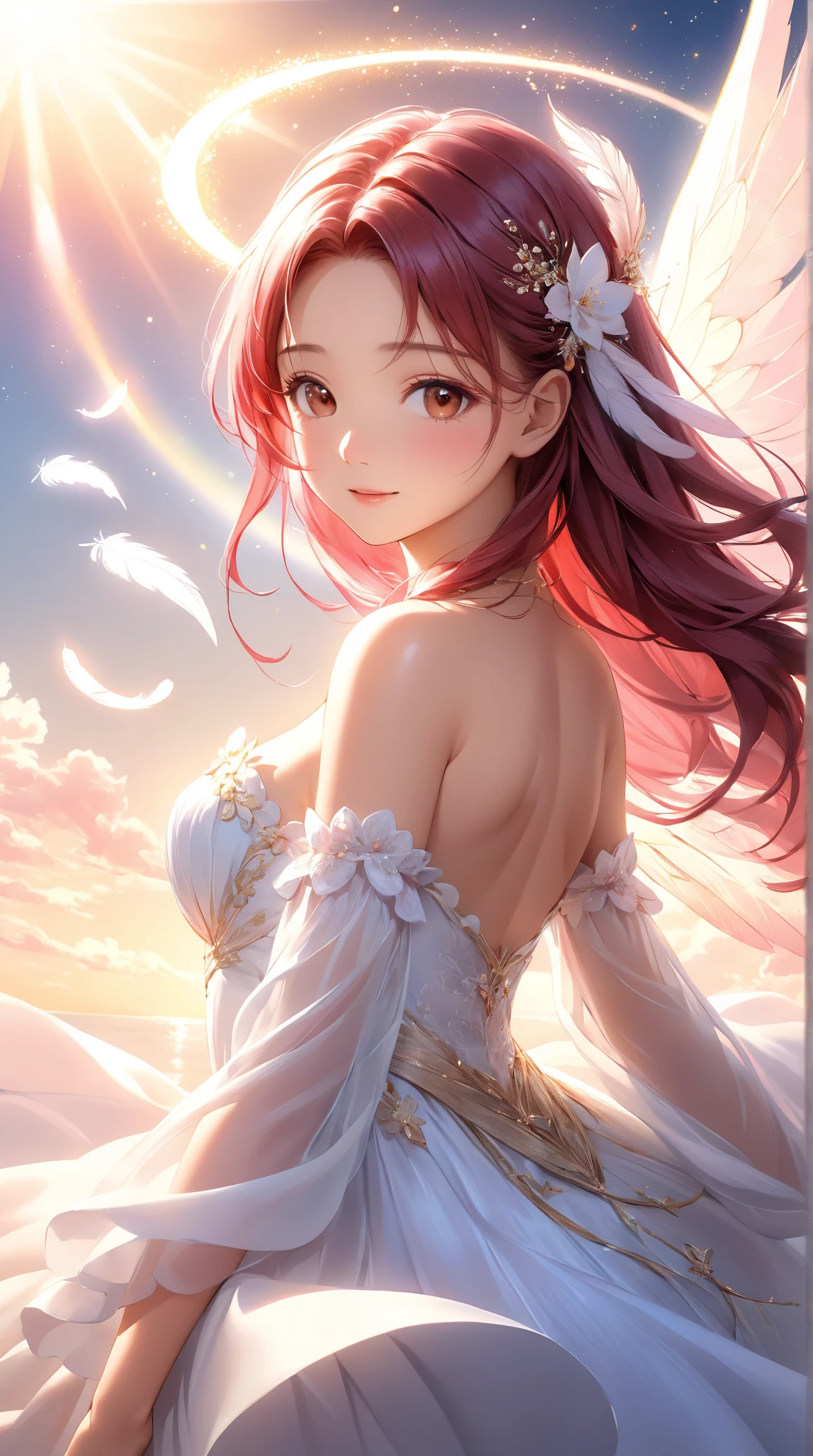 a girl named Apollinaria, red hair, large gray-blue eyes, the goddess of the sun, the sun's rays, a beautiful robe, an inverted triangle figure, an oval face --auto --s2