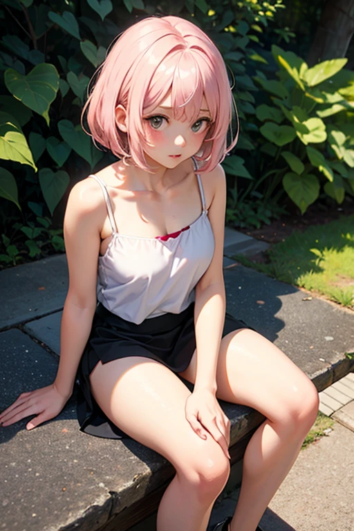 Pure，a beauty girl，16 yaers old，Kneeling pose，Creeping，Painful expressions，short  skirt，The barefoot，A pink-haired