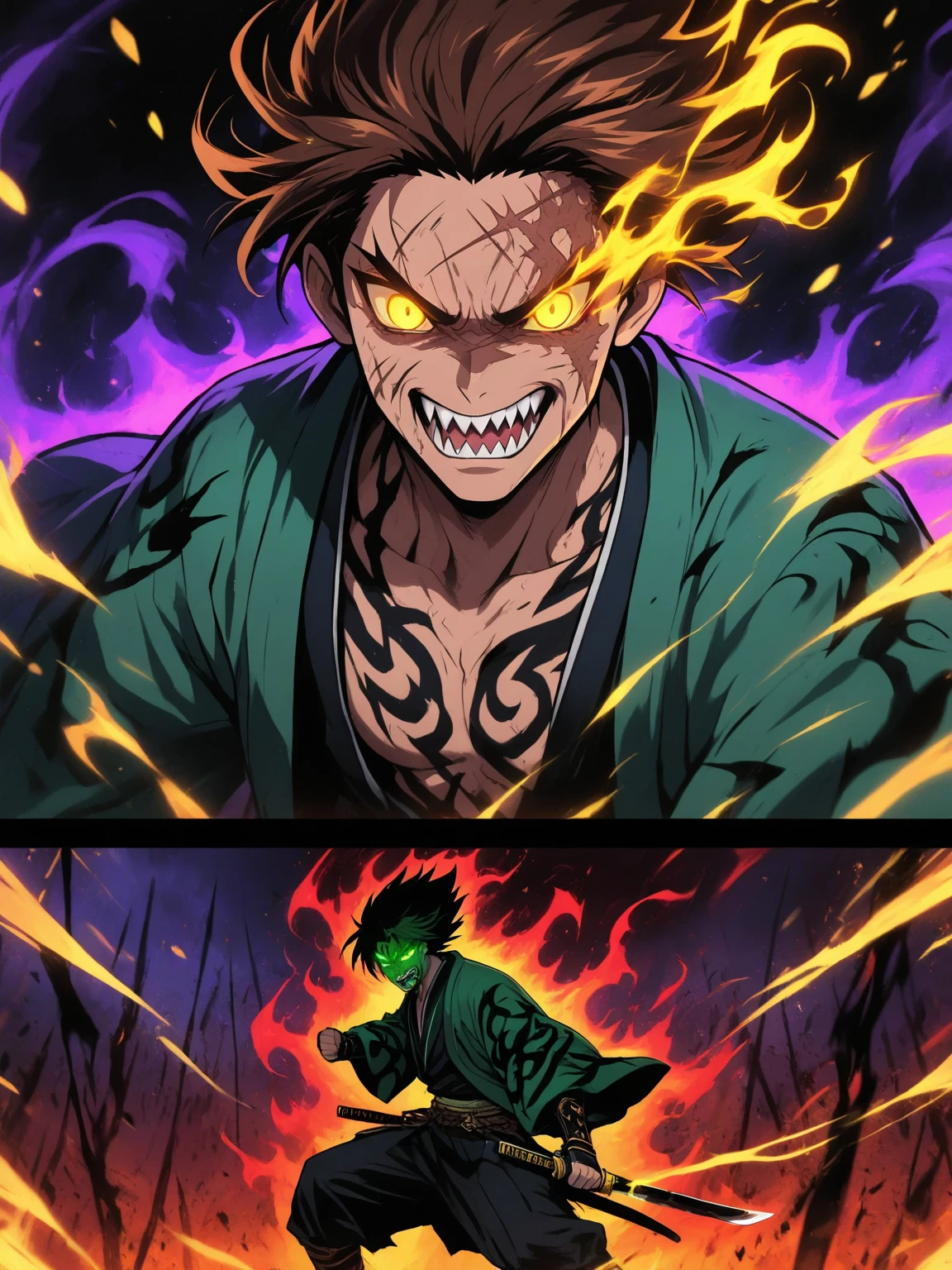 work of art, best qualityer, ultra high resolution, comely, visually stunning, chic, Incredible details, award-winning painting, (black art:1.1), deep shadow, (dark green theme:1.2), r1ge, Ablaze, Aura, energy, beam, flying debris, [serious|Jumpy], floating hair, 1 young boy, muscular,