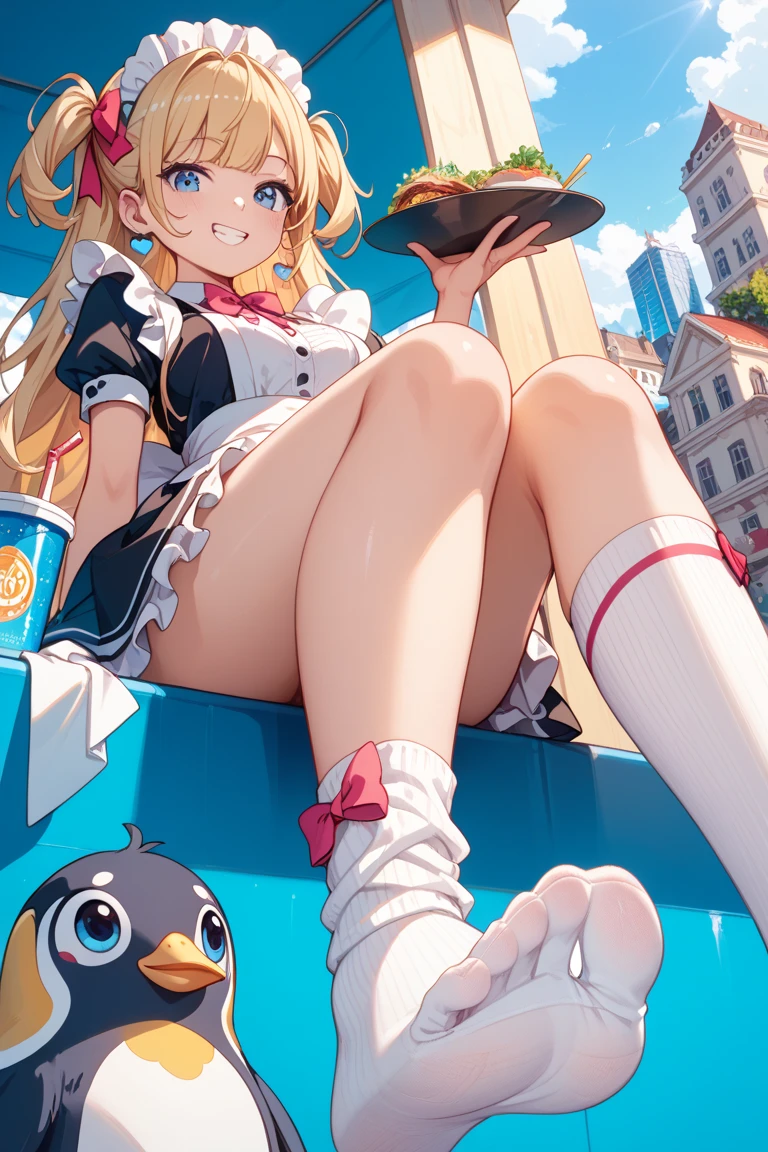 Be red in the face, exteriors, In the daytime, simple backgound, blue-sky, Rippled hair, Skysky, Look at the audience loli, The expression is cute,Small short legs,head portrait,White over-leg socks,sitted,White dress,No shoes,pantiess