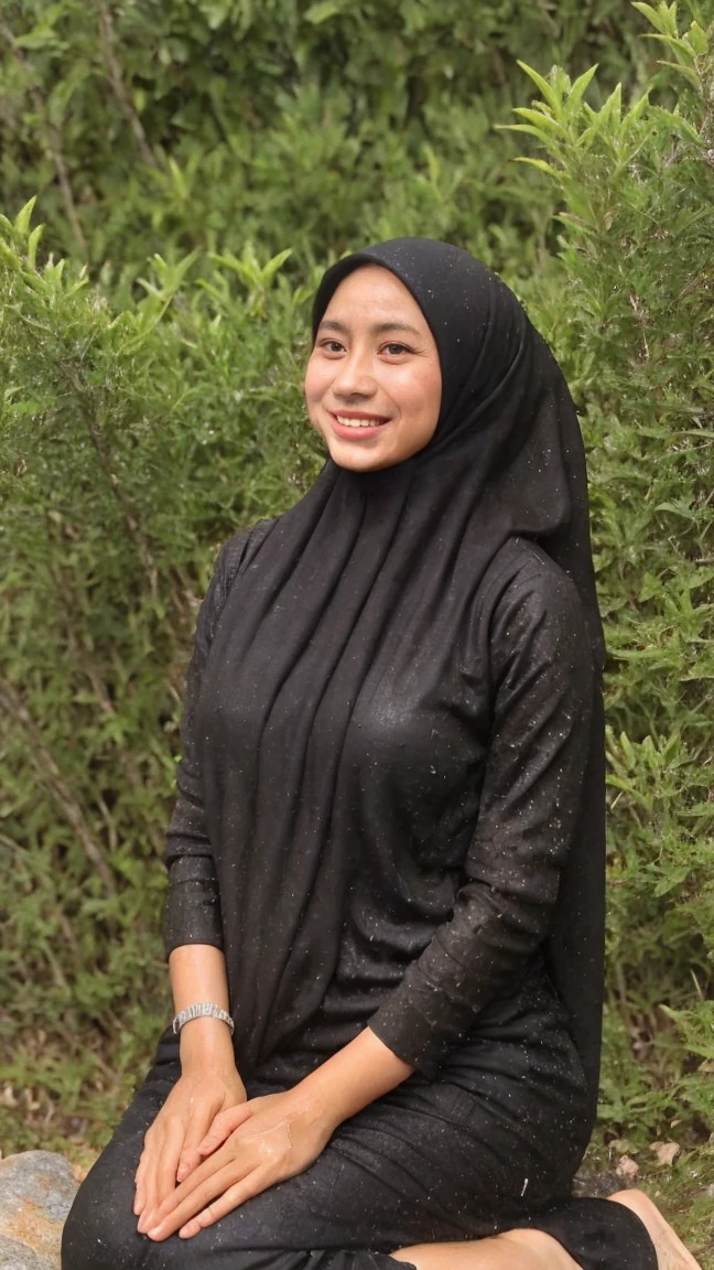 a malay hijab girl in a fuchsia hijab and a black gamis with abstract printed of pink and purple flowers, chubby, detailed detail, ultra sharp image, 
