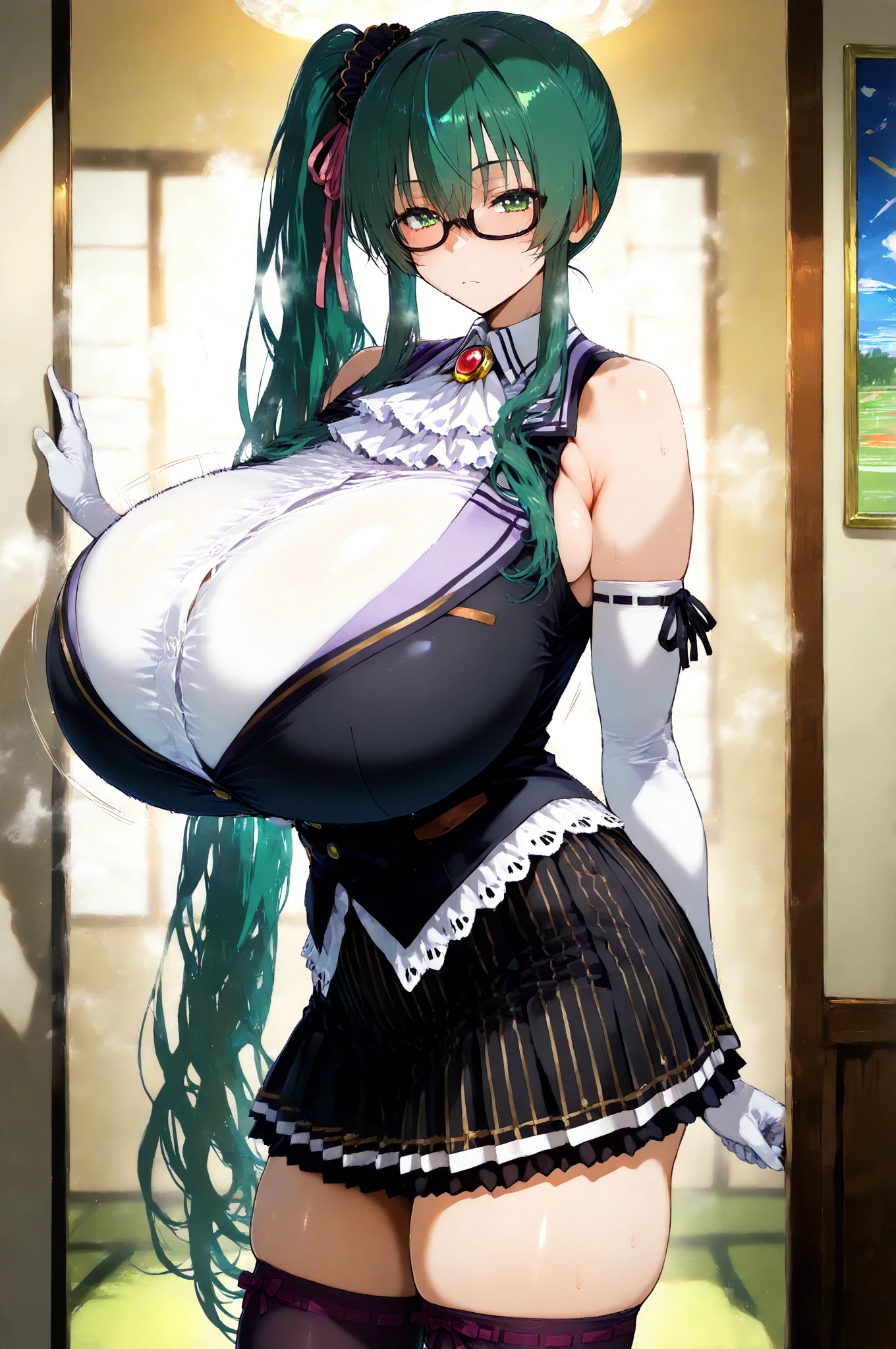 Photo quality,masterpiece, top-quality, in 8K, hight resolution, 1girl in, oilly skin, Wetty, Detailed skin,Anime Face Girl,Beautiful sister,Burst breasts,large full breasts,very big boobs,爆乳,Burst emulsification,Huge breasts,White shirt,tight skirts,Green hair color,Longhaire,Purple eyes,Embarrassed look,Bedrooms,