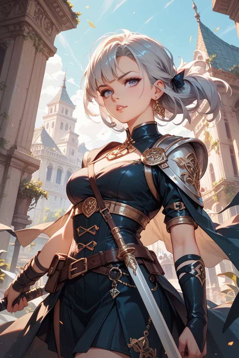 Elven female knight,Perfect slim body,Mature royal sister face,Double ponytail curls,Knight armor,Sensual and alluring,Nice face,Full body like,4K quality,Feminine expression,Blush shyness,Star-like deep eyes,Huge breasts,A short skirt,Knife pulling posture。Overflowing bust,Fight Warcraft,speed-line,Best quality at best,tmasterpiece,Magnificent background,On the battlefield,Clothes burst