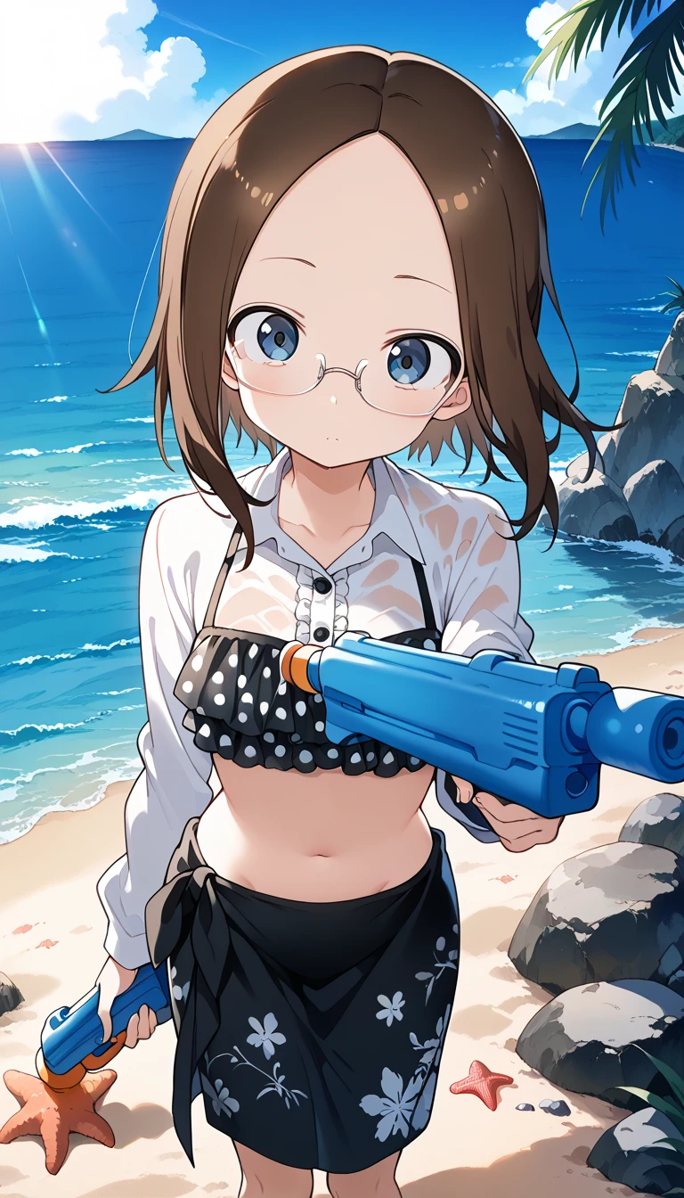 A future Earth where all land has been submerged,Sea.High resolution, Anime Style, A girl armed with a gun and a combat bikini.Seaで鮫と戦闘中, 女の子は未来のSeaで発射できる銃を持っている, A smile aiming at the prey,Huge shark attacks girl,背景にSeaの中に完全に水没したビル群