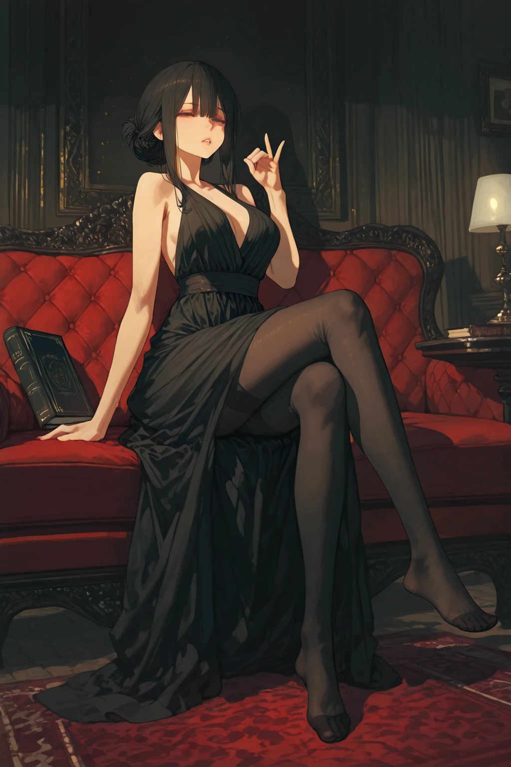 ((（Coquettish middle-aged woman 1.2))),
((（Slim and slim body1.2))),
((（Obscene smile 1.2))),((（Frivolous expression 1.2）)),hand behind head，Expose the armpits，((（Feet on the table1.2)))，sit on chair，((（Short hair 1.2))),Peach blossom eyes，Smoky makeup，
((（Heavy makeup 1.2))),((（Charming 1.2))),((（Coquettish debauchery 1.2)))((（Sandals 1.2)))