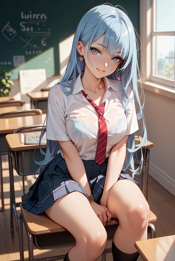 AGMM, 1girl, (Nicole Kidman, blue hair, Yellow_Skin, Colored_Skin:1.2), wearing wet school uniform, large breasts, reveal, cover, skirt, thighs. inside the building, classroom, sun rays, bokeh, sparkles, night, smile, sexy smile, --auto --s2