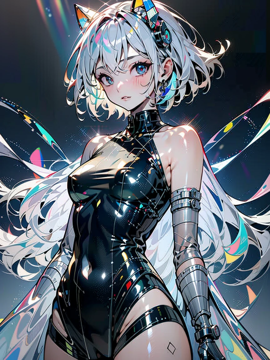 (8k, RAW Photo, Top Quality, Refined Details, Masterpiece: 1.2), (High Resolution 8k Wallpaper), Sharp Focus, Professional Lighting, Depth of Field, Cinematic Lighting, Background Blur, BREAK (1girl:1.4),(embarrassed:1.4), cute face, pixie cut,hair between eyes, slender line, slim body, (silver latex:1.4), Arm cover, golden ratio,(small breasts: 1.4), (upper body:1.4),