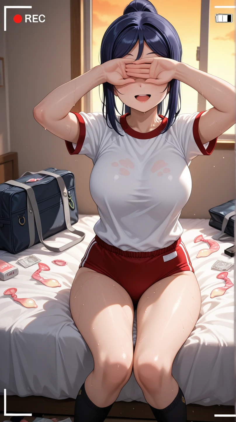 (masterpiece),(best quality),(ultra-detailed),(best illustration),(best shadow),(absurdres),(detailed background),(very aesthetic),1girl,solo,dim lightning,in bedroom,looking at viewer,heavy breath,shiny skin,sweat,,pekomama,motherly,milf,aged up,shy smile,looking at viewer,,,sitting on bed,,embarrassed,spread legs with hands,pussy juice,wearing navy buruma, short sleeve (white gym uniform with colored hem:1.3), carrying (randoseru backpack:1.4),