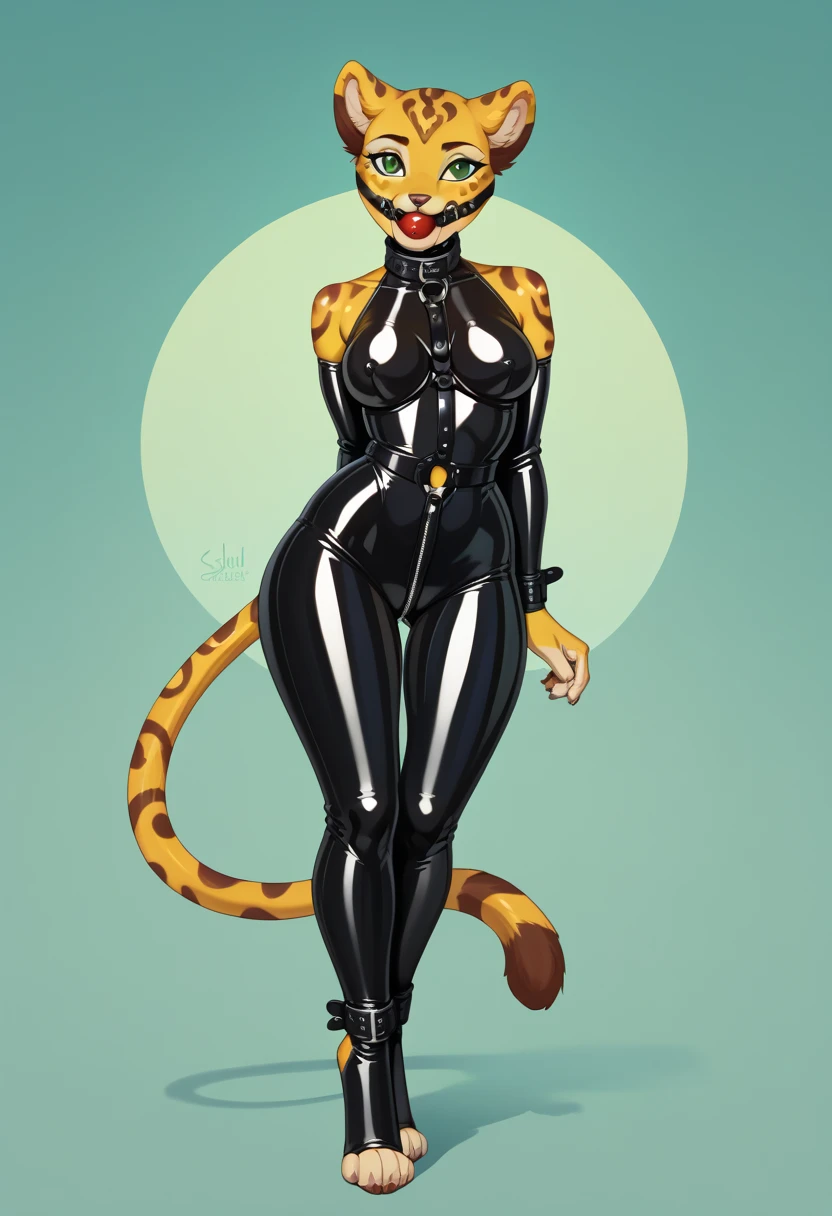 An orange haired female reaper with green eyes with an hourglass figure in yellow jumpsuit is holding a black cat in the creepy forest
