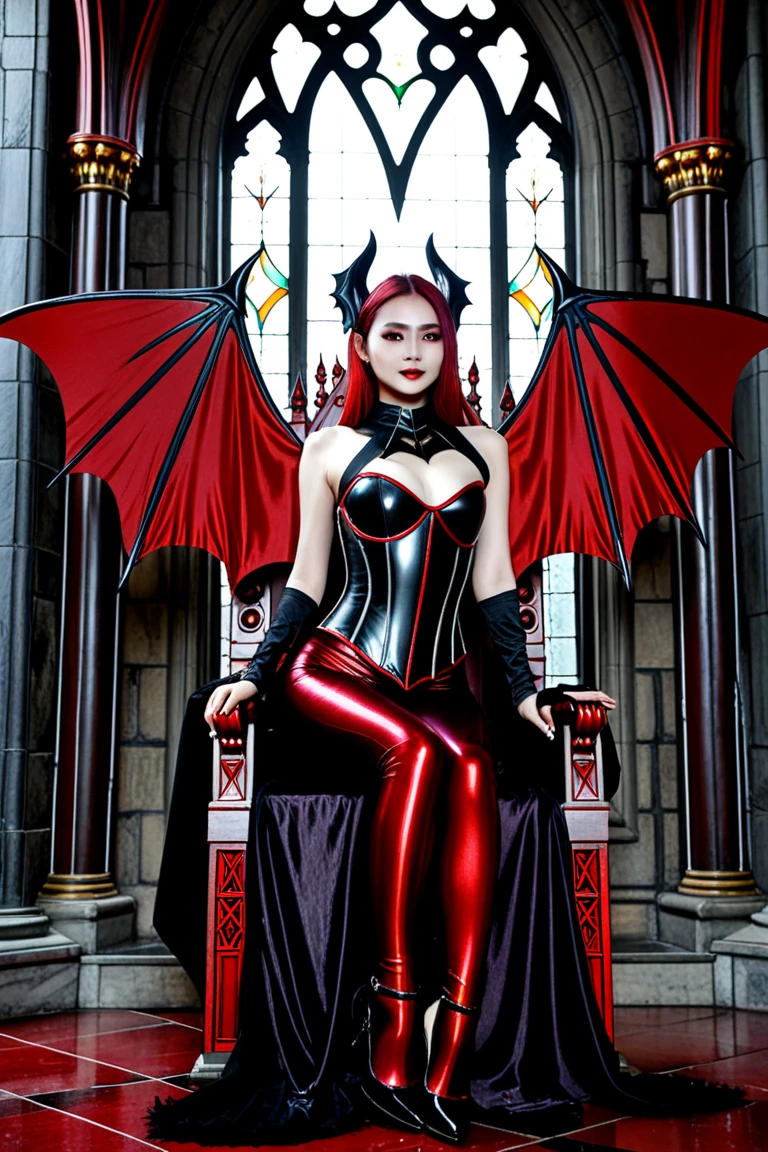 ultra realistic, photography, long red hair, girl, 24 years old, hourglass figure, perfect body, small breasts, Flirty look, extremely detailed artgerm, in the style artgerm, facing the camera, lens 35 mm, blur background, in a darkly lit church at night, standing near an altar, lit candles, nun veil, big black wings on her back, black latex leotard, black latex stockings, full body, full body picture, black lipstick, dark makeup