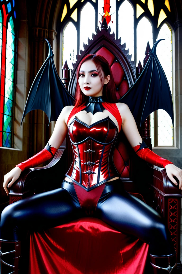 beautiful, busty, Asian, succubus, woman, black eyes, red demon wings, long demon tail curled around legs, black leather. fishnet stockings, red leather boots, black eyes, elf, demon, sinister smile, fangs, sharp teeth, vampire, gothic, full body view