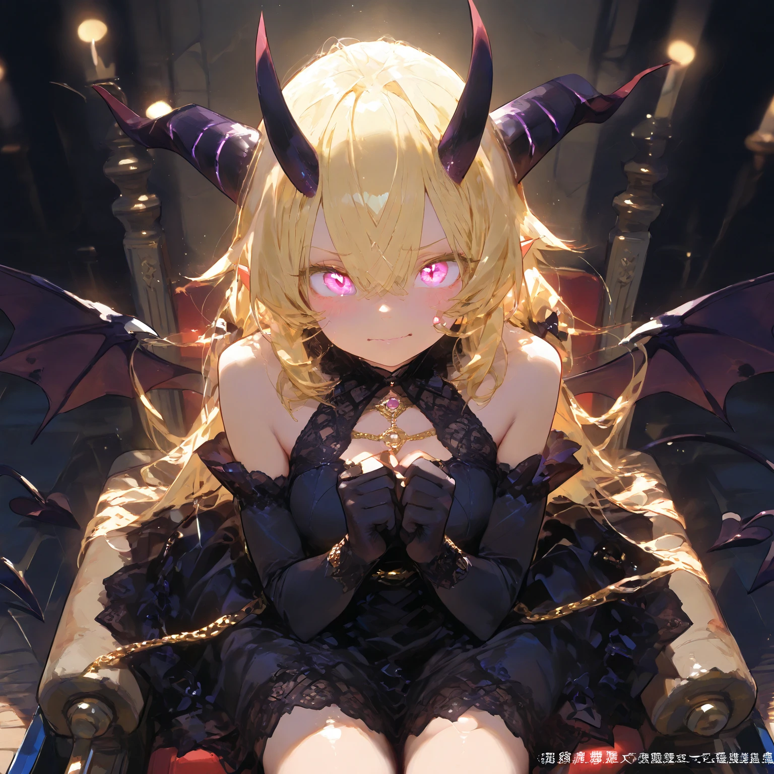 The woman is a dark-skinned devil, an evil dark devil、((Highest quality)), ((masterpiece)), (detailed), (Perfect Face)、((An evil, jet-black demon with jet-black skin.))、The woman was a beautiful, jet-black archdemon with jet-black skin, the evil queen of the demon world, Devil Queen Tiare, with green eyes, blonde medium-long hair, a gorgeous black wedding dress with gold embroidery and trim, a black wedding veil, an engagement ring, and luxurious accessories, and was a beautiful, elegant archdemon, the Demon Queen, lavishly decorated and jeweled.、A beautiful, jet-black-skinned demon with magnificent devil horns, devil wings, and a devil tail.