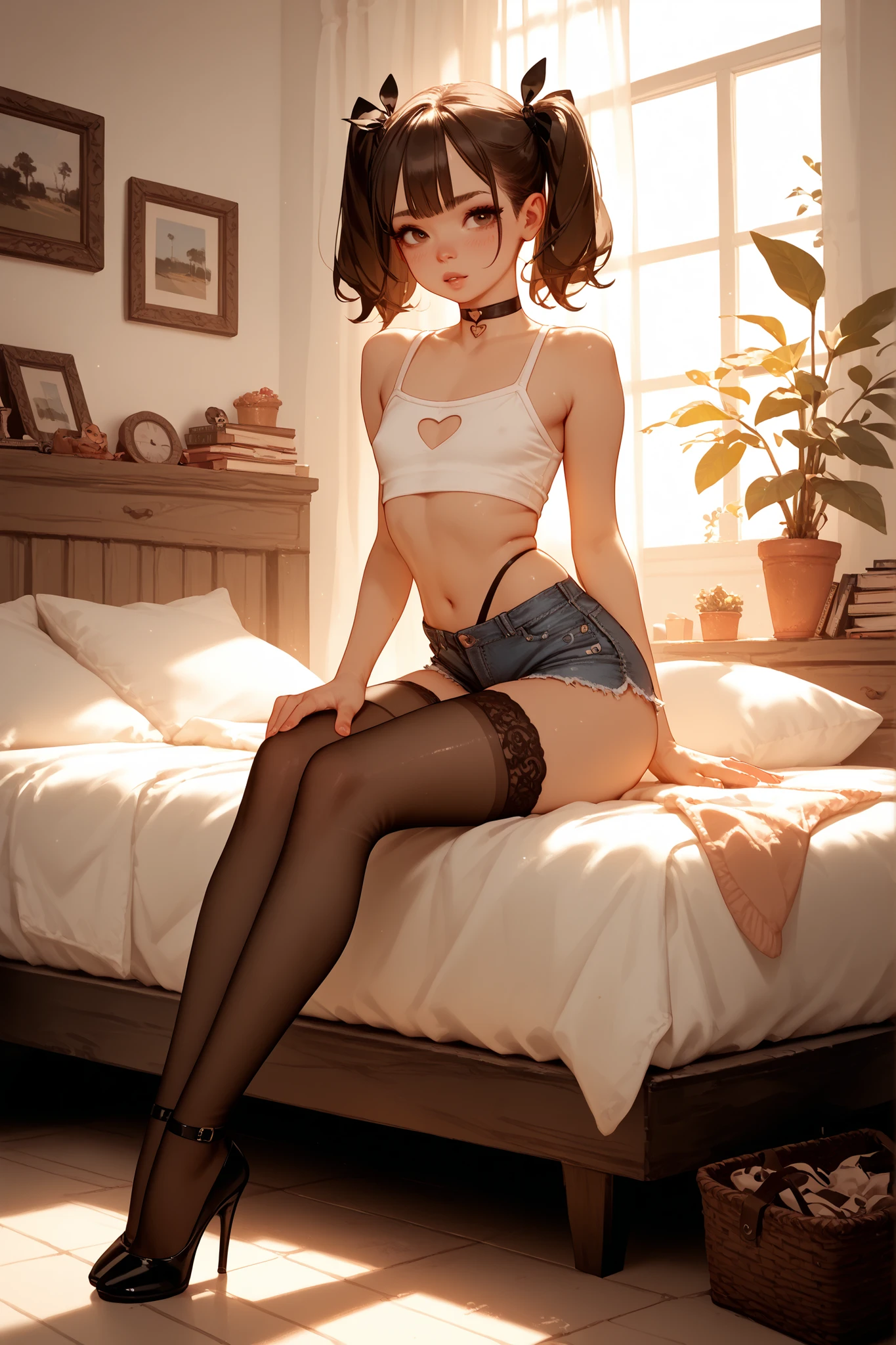 (masterpiece, best quality), nsfw, 1girl, Flamingo pink Taper Fade with Textured Side Part, Sizes M to Z breasts, Watermelon pink Brazilian cut panties with a lace front panel and bow bra, ankle socks, <lora:last:1>
