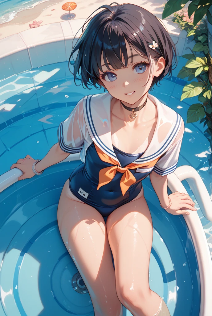 A naked sailor-suited girl covered in translucent slime and sweat, Eat Vienna、Sit with your legs apart、Short hair、Glasses