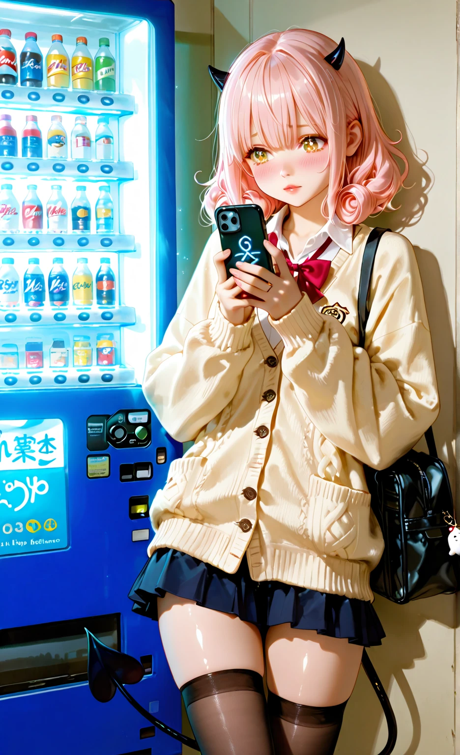 a realistic and highly detailed cute The image of the girl, Shy devil girl，with small curly horns, sparkling eyes,  and gentle , blushing cheeks, standing near the school vending machine，In the prime time. She wears a light pink, slightly fitted cardigan with a short skirt，The skirt flutters in the wind, reveals smooth thighs and black transparent stockings with subtle mystical runes. with her bag slanted on one shoulder, She is nervously holding her phone with her hands, towards a boy I took a look at. Her full lips are slightly open, Her body turns around，as if she is hesitating whether to approach him. her tail gently wrapped around one leg, reflecting her shyness. soft golden light, has smooth, realistic hair, shiny skin, gently surrounds her with a warm magical glow — the perfect balance between naivety and charm.