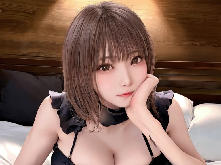 Girl, brown hair, bob haircut, with bangs, hands crossed, slightly serious expression, big eyes, white gloves, blue eyes, by glass heels on her feet