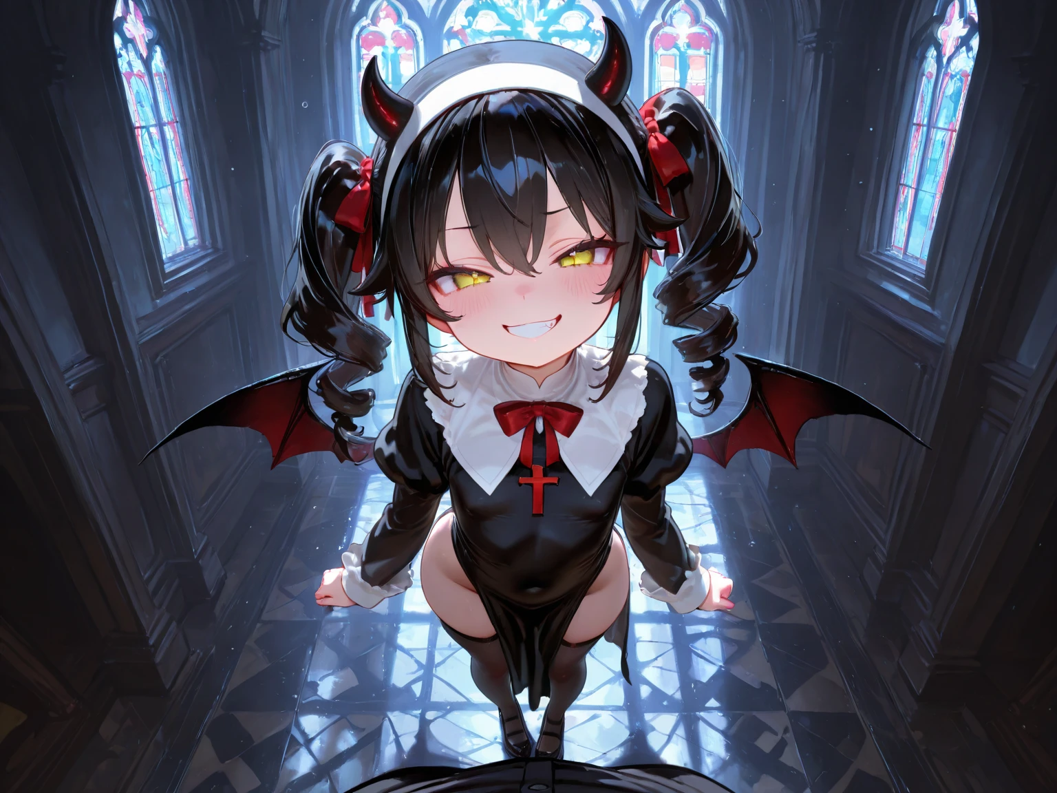 ((masterpiece、top-quality))、(Complex lighting)、Small Devil、独奏、full body Esbian、1girl in、red eyes、Long Black Hair、Red Shirt、a black skirt、absurderes, Grayscale BreakGuess Gaze、(evil smile:1.4)、looking at the viewers、sharpteeth、(Crazy blue eyes with small pupils:1.2)、yandere、Chibi、Clean your fingers