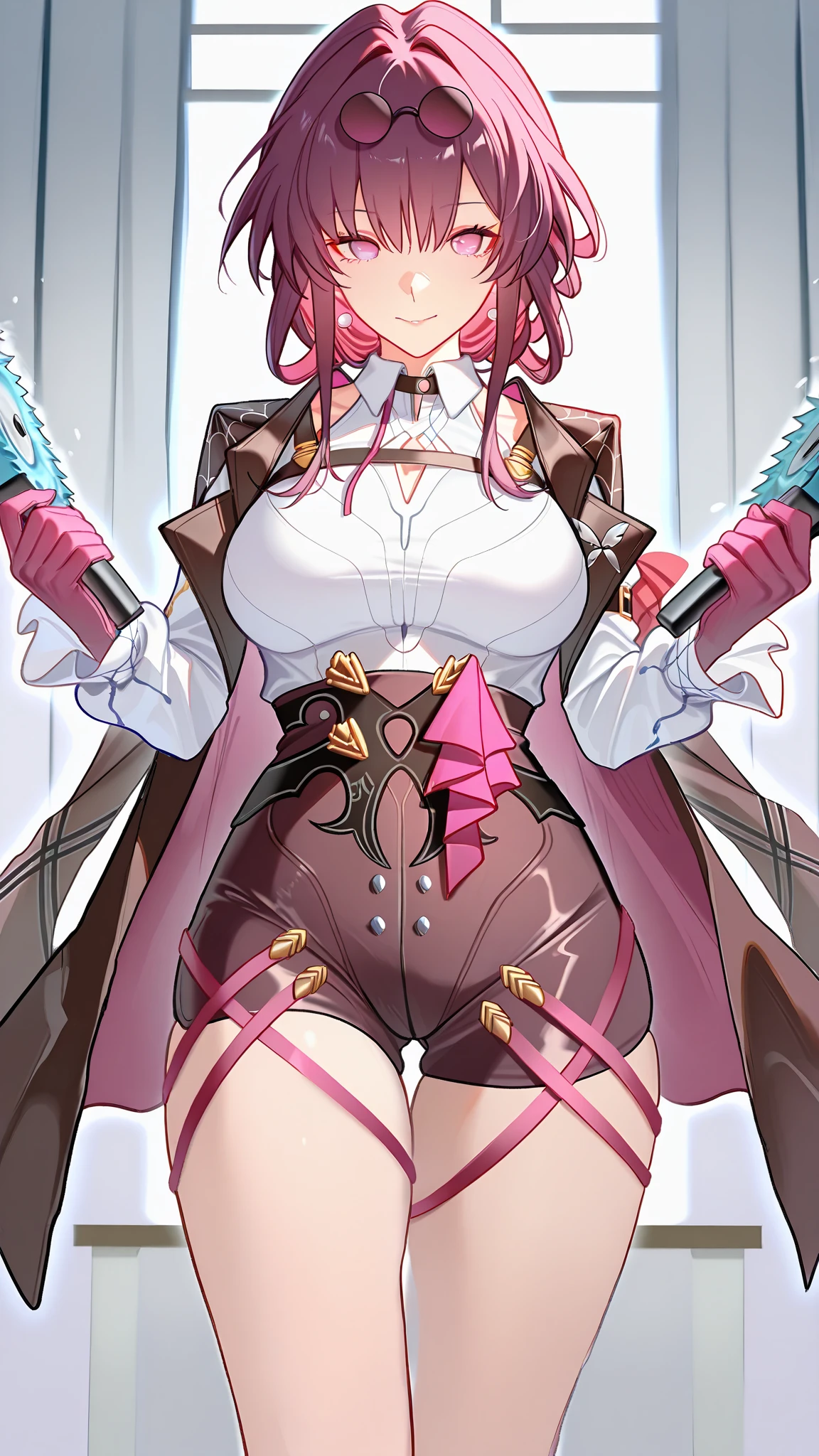 (HD, Sharp), 1 girl, Super Glossy Skin, (light pink) underwear, Big breast, closed eyes, :o, knock back, torn clothes, sweetlip, black outfit, navel, white thighhighs, gloves, lightning, headback, tongue out