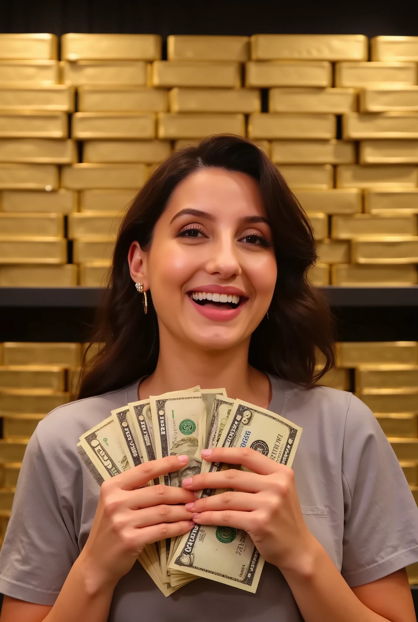 A happy, beautiful young woman wearing a casual t-shirt, smiling brightly as she holds a thick bundle of cash in both hands. Behind her is a large shelf filled with neatly stacked gold bars, glowing under warm lighting. The atmosphere conveys joy, wealth, and casual confidence. High-resolution, cinematic look